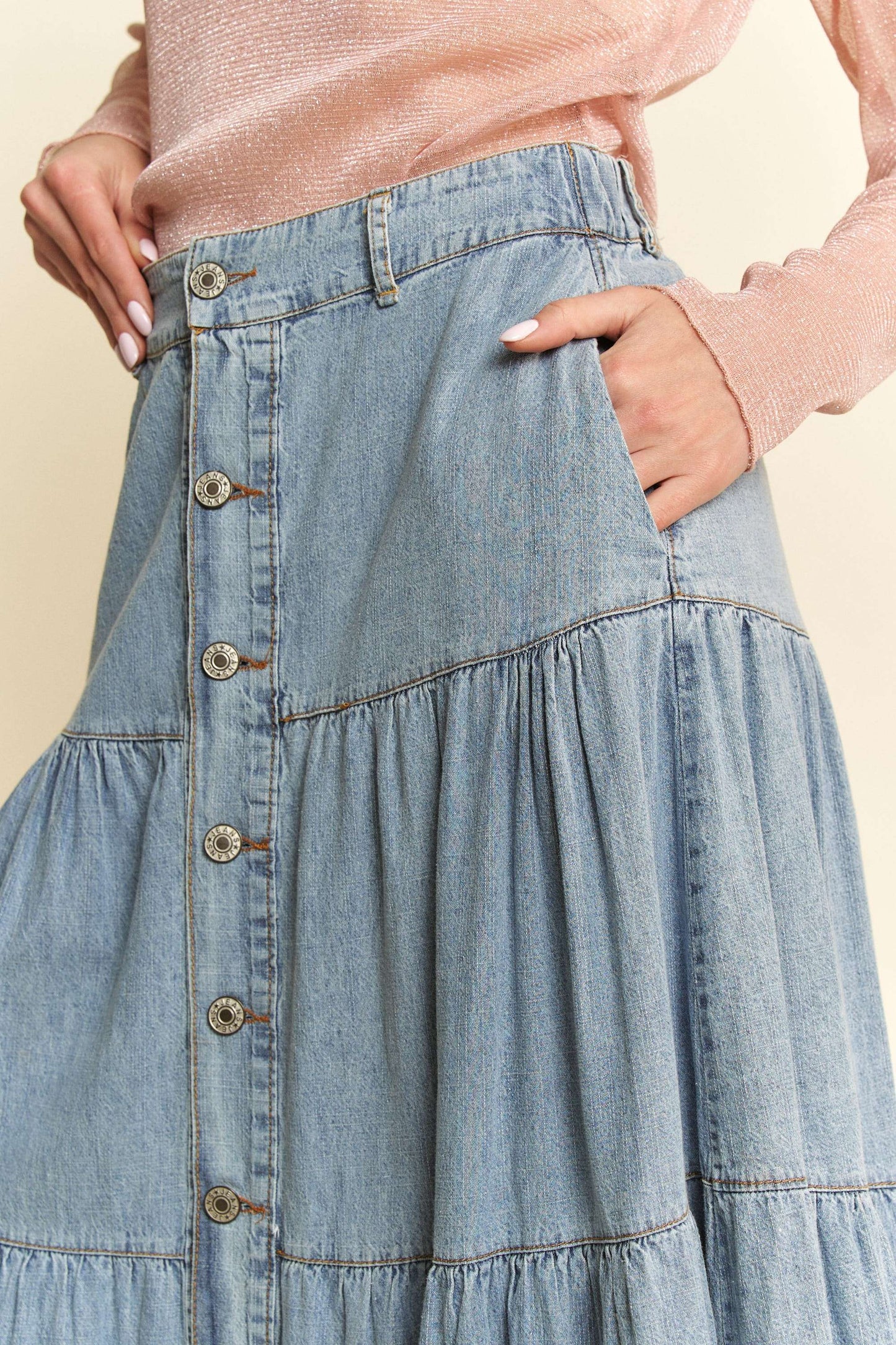 Denim Ruffle Hem Maxi Skirt