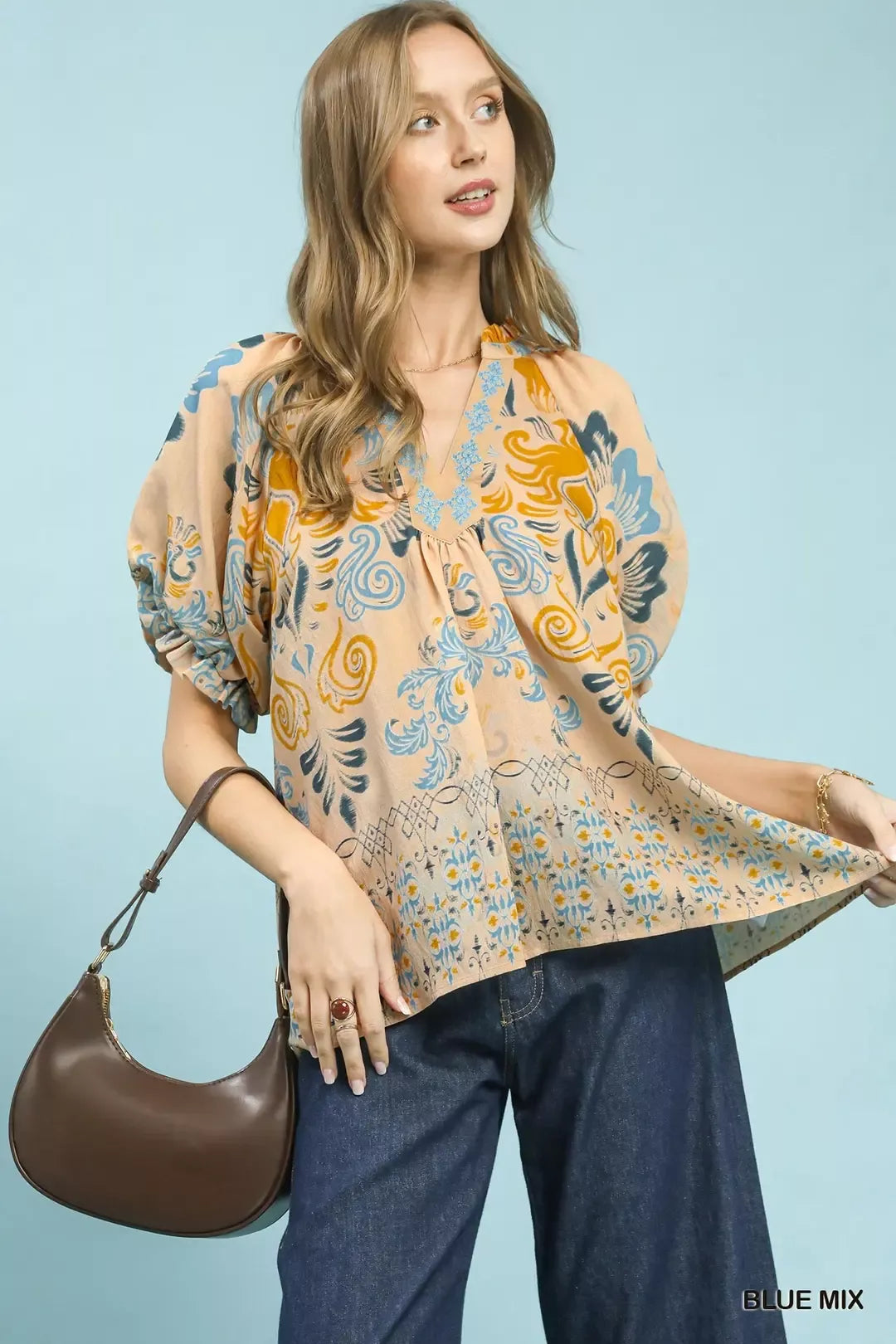 Border Print Puff Sleeve V-Neck Blouse | Lily Grace Boutique