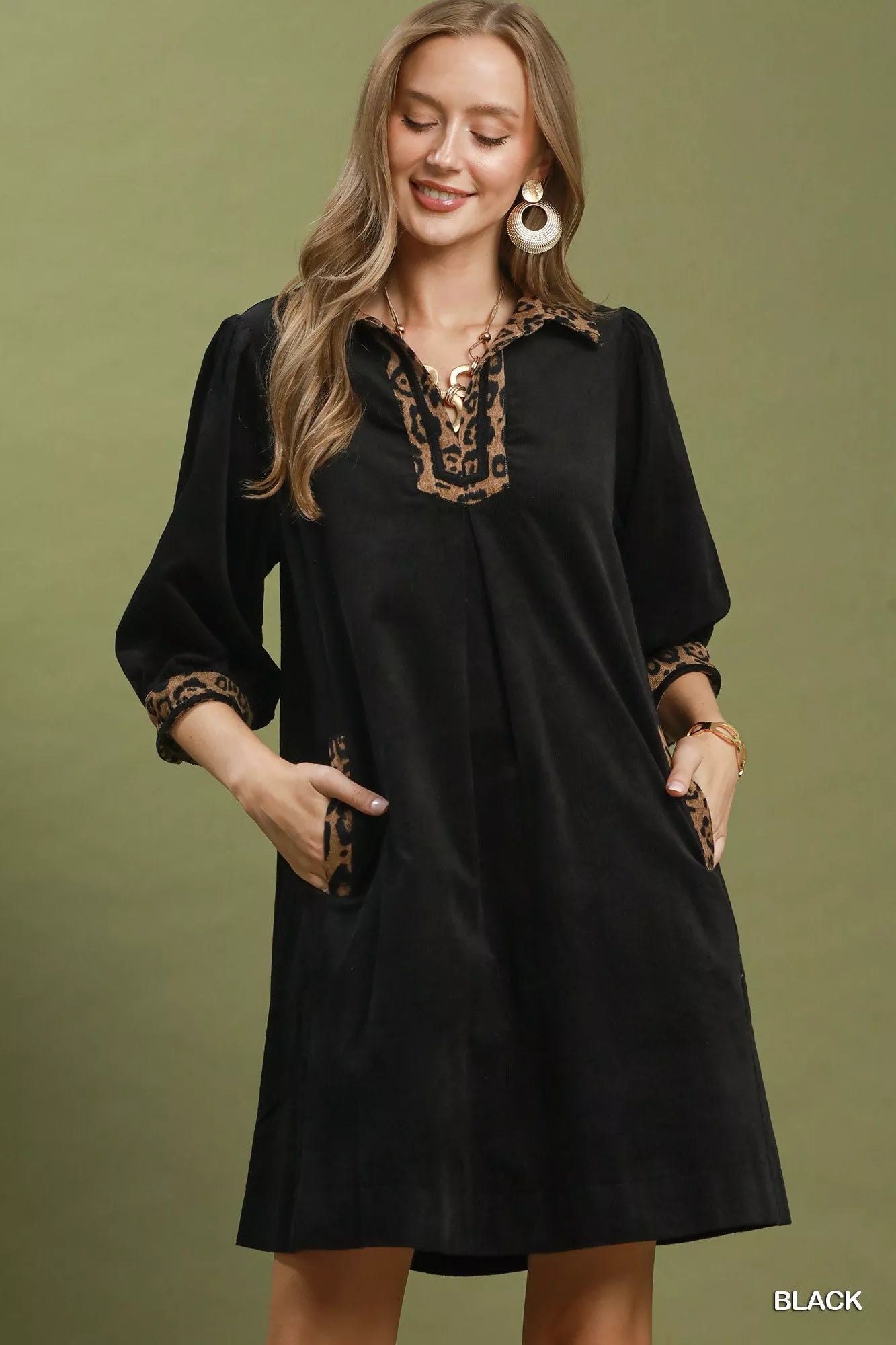 V-Neck Shift Dress with Contrast Trim