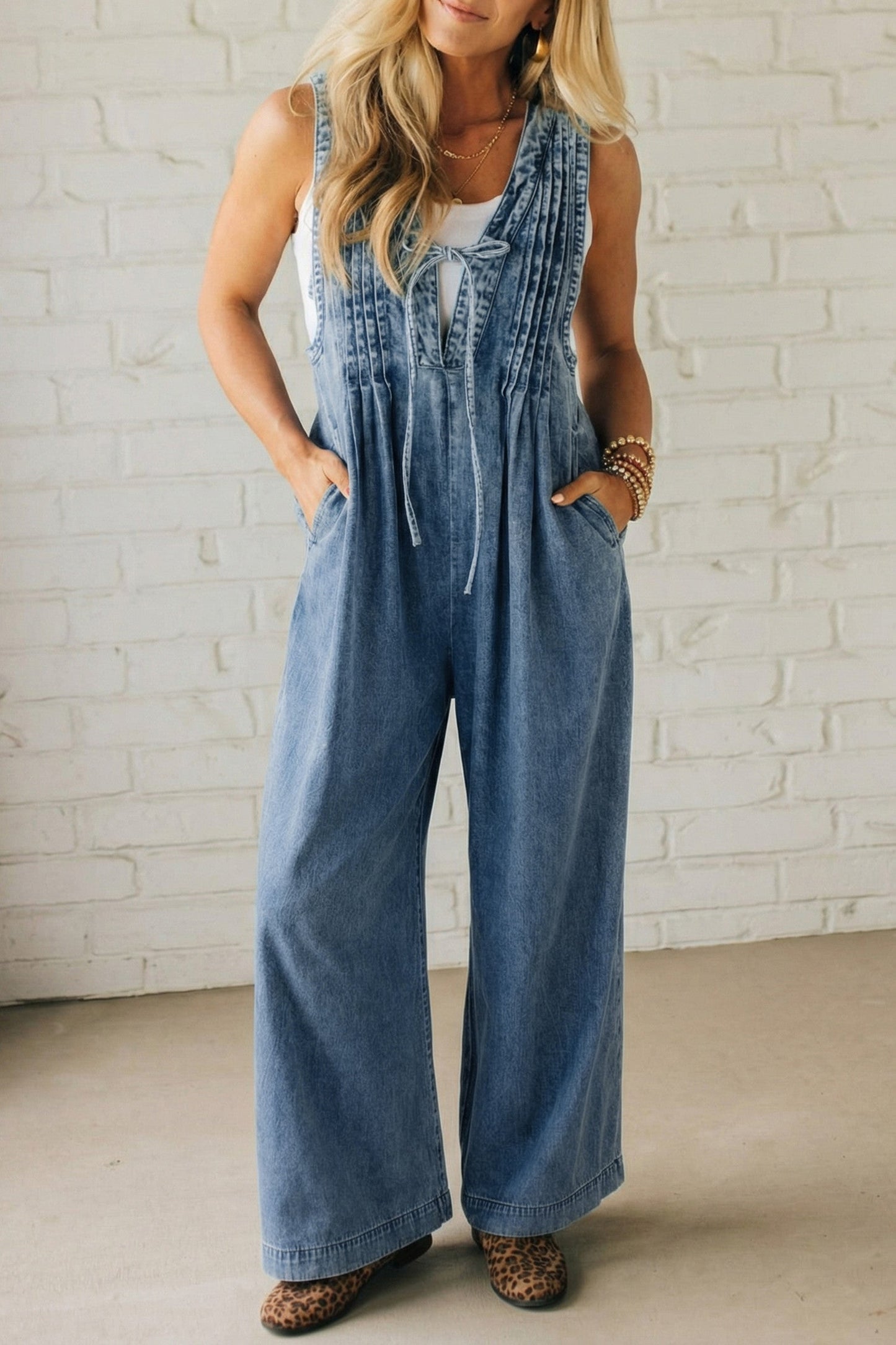 Acid Wash Pintuck Jumpsuit