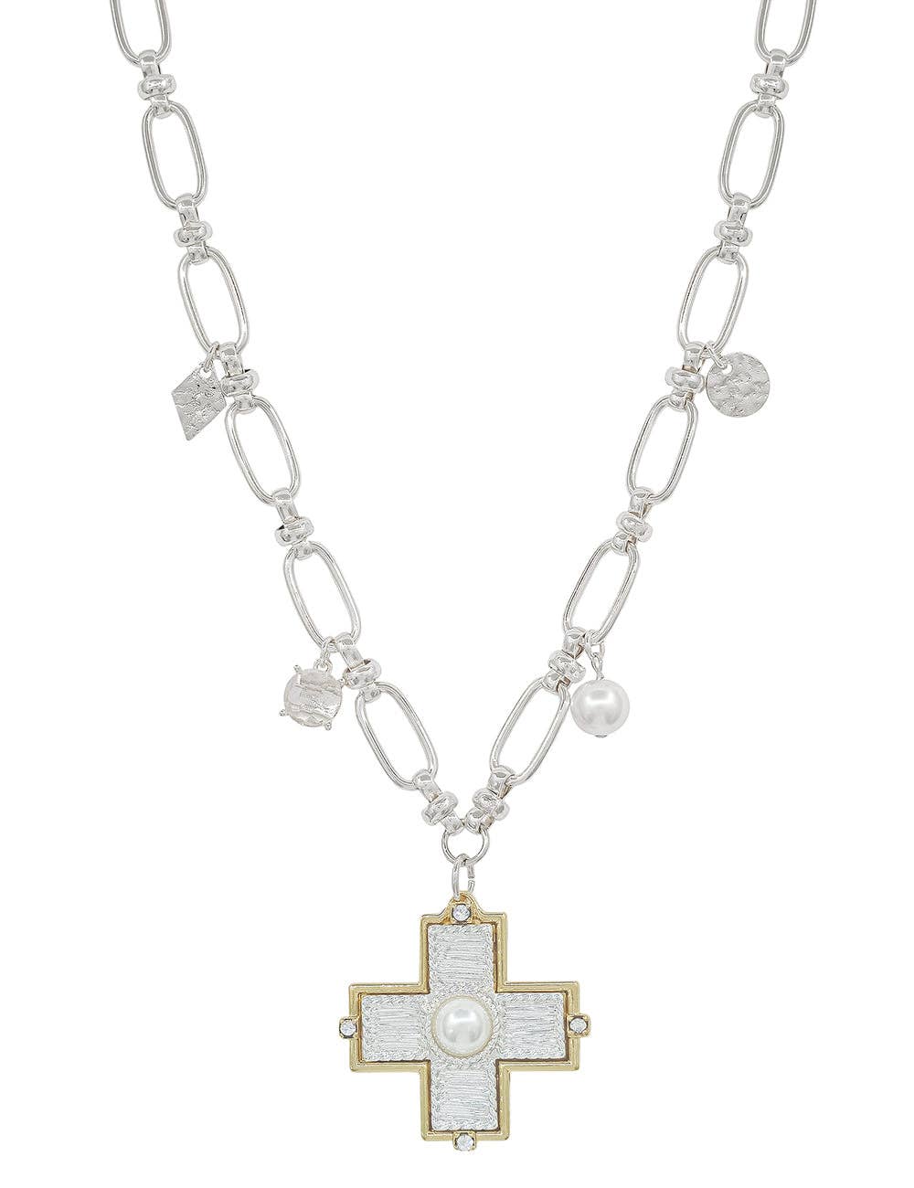 Textured Cross with Pearl Charm Necklace