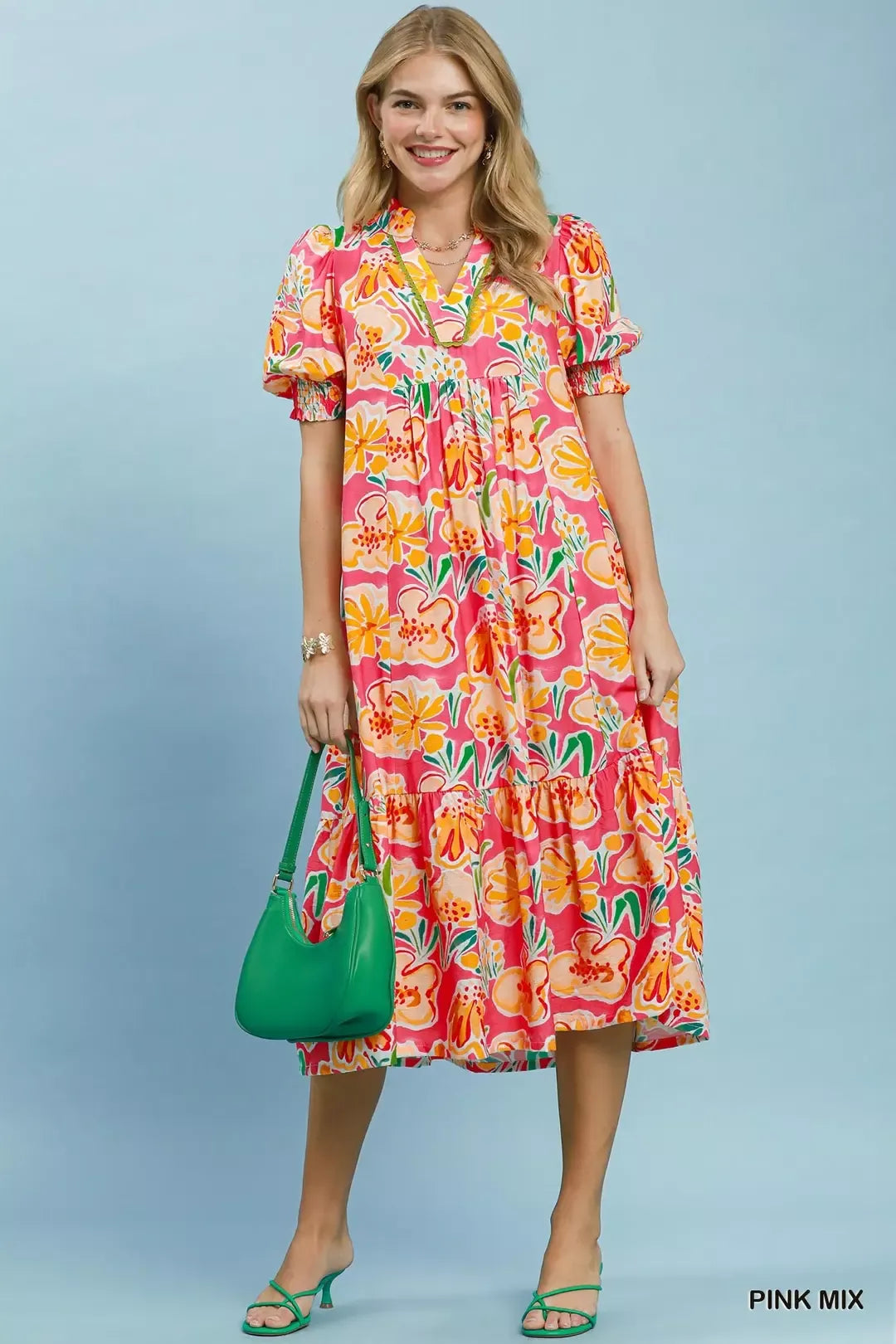 puff sleeve tiered midi dress Floral Print Fully lined 2021-summer baby sizes:3T Baby shower outfit inspiration