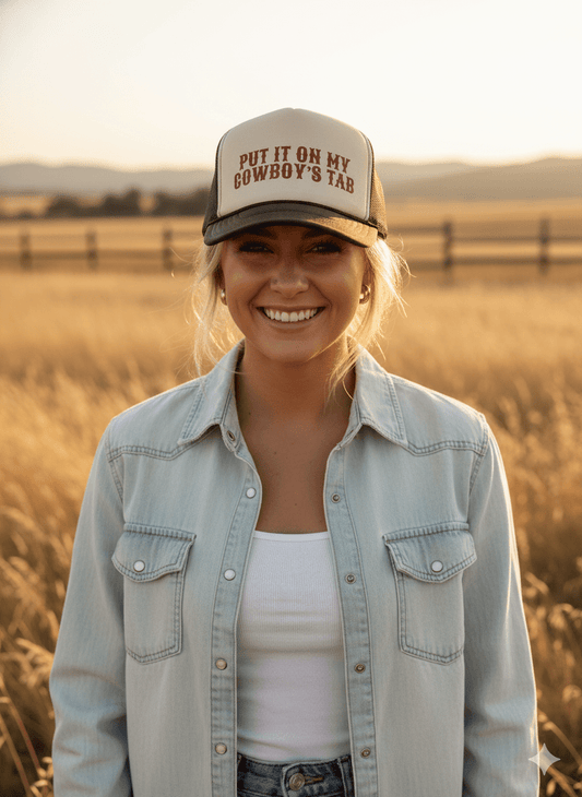Put It On My Cowboy's Tab Trucker Hat