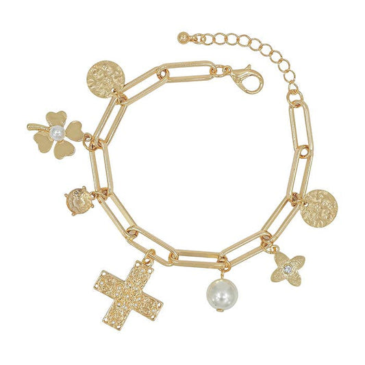Gold Chain Bracelet with Cross and Coin Charms