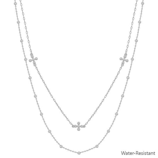 Double Layered Silver Cross and Beaded Necklace