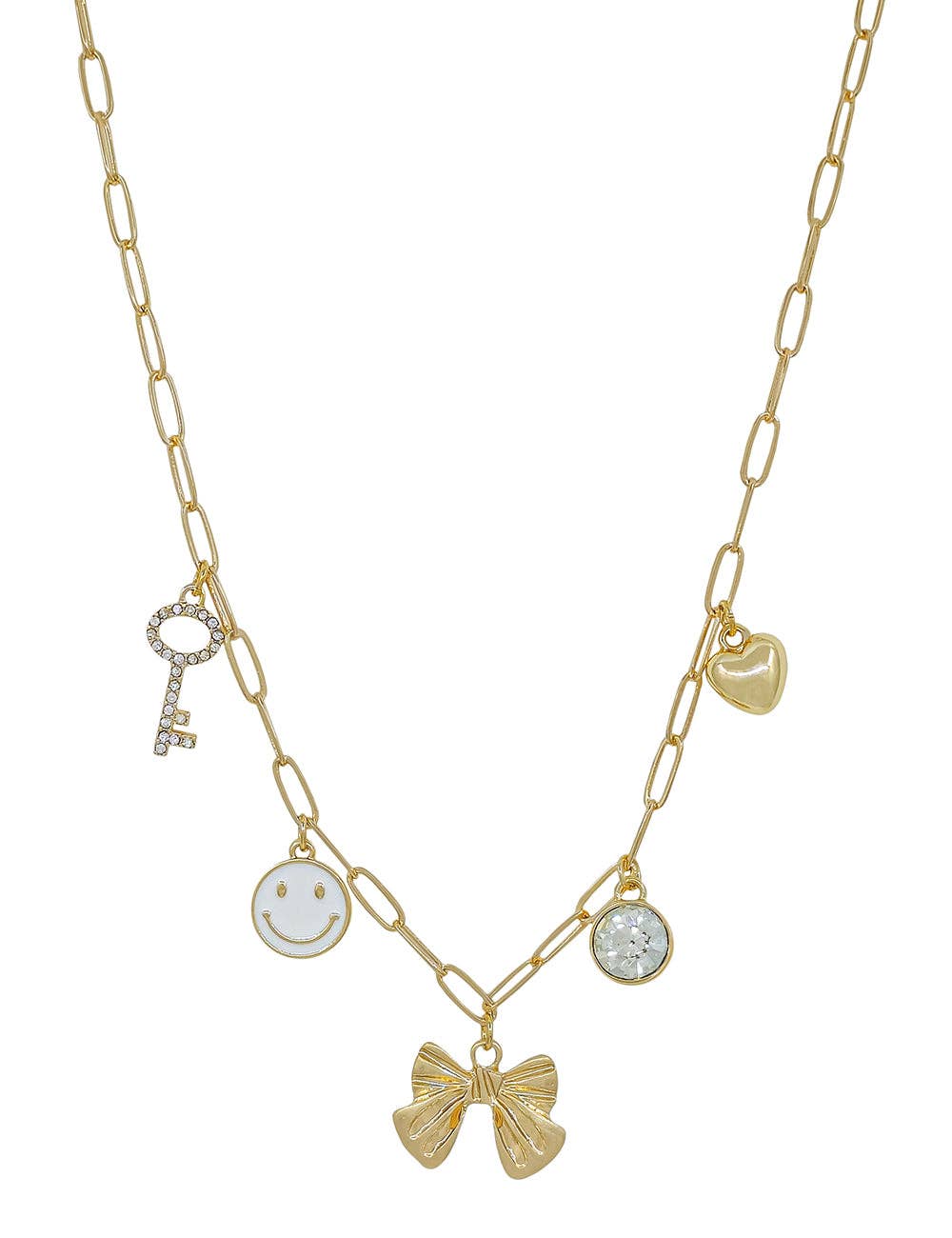 Gold Chain with Bow, White Smile, Key and Heart 16"-18" Necklace