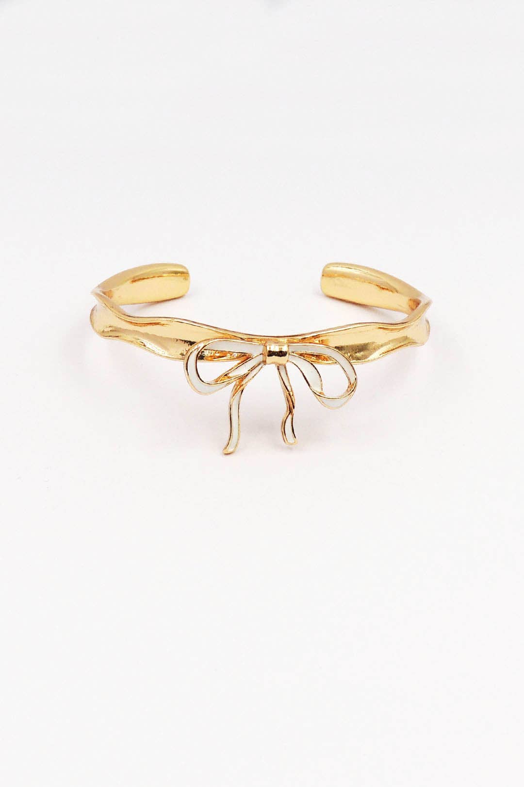 Gold Metal Hammered Cuff with White Bow
