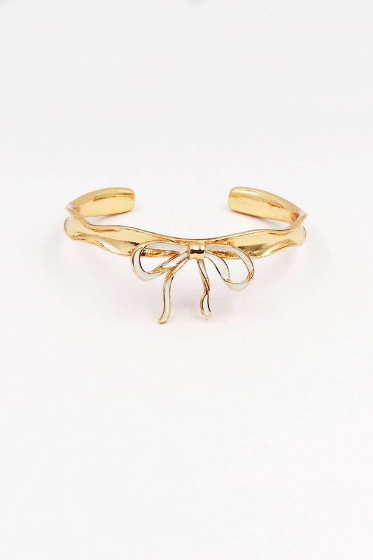 Gold Metal Hammered Cuff with White Bow