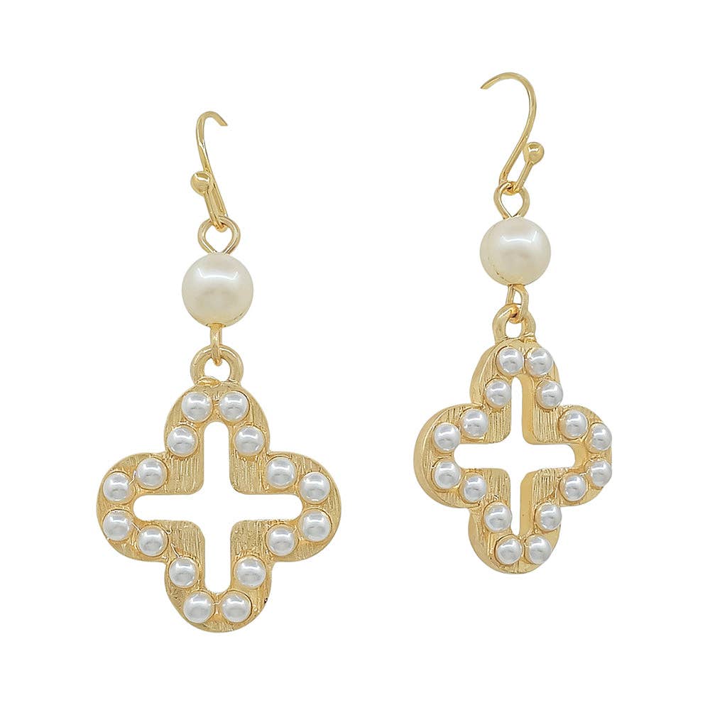 Gold Open Clover with Dotted Pearls 1.25" Drop Earrings