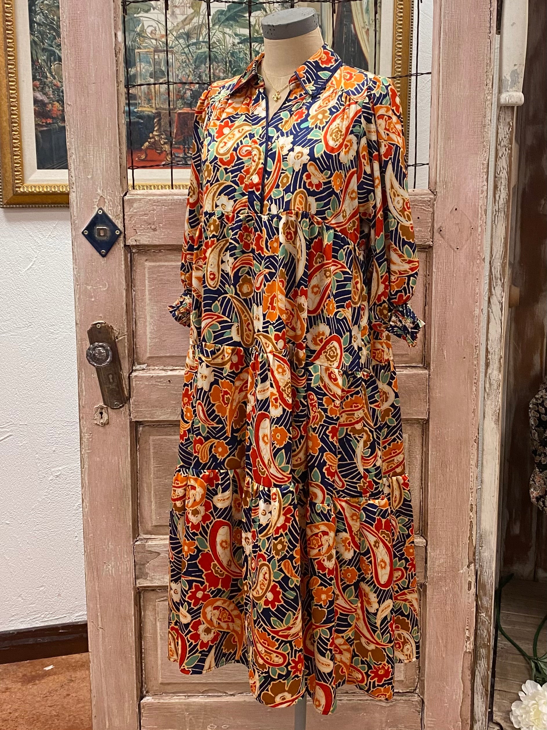 Satin Paisley Tiered Midi Dress