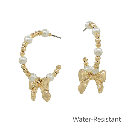 Water Resistant Pearl with Bow 1" Hoop Earring