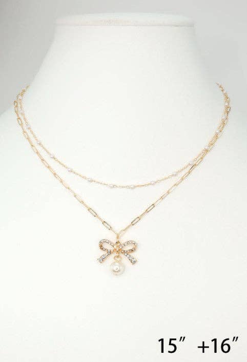 Gold Two Layered Bow and Chain Necklace