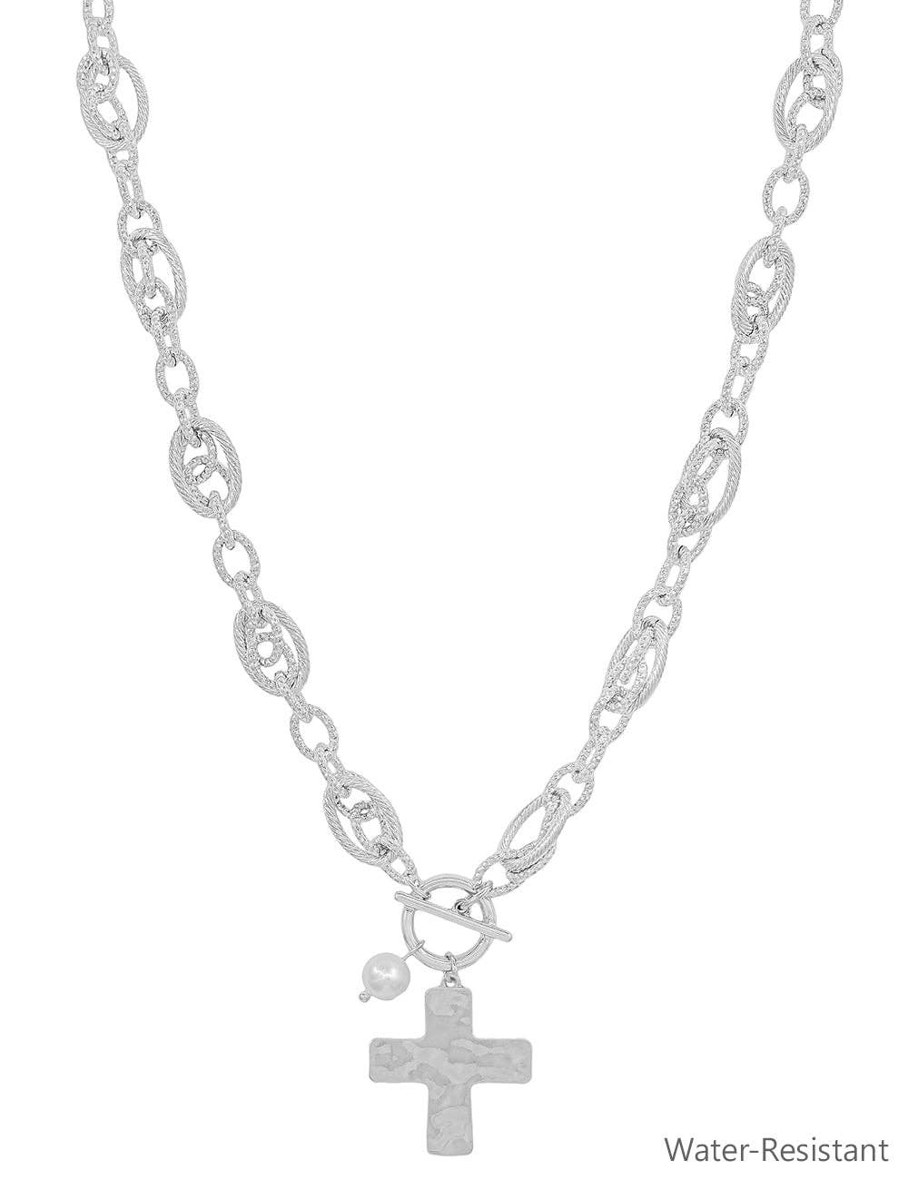 Chunky Silver Linked Cross Charm 16"-18" Necklace