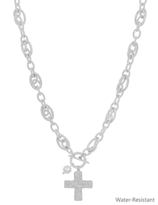Chunky Silver Linked Cross Charm 16"-18" Necklace