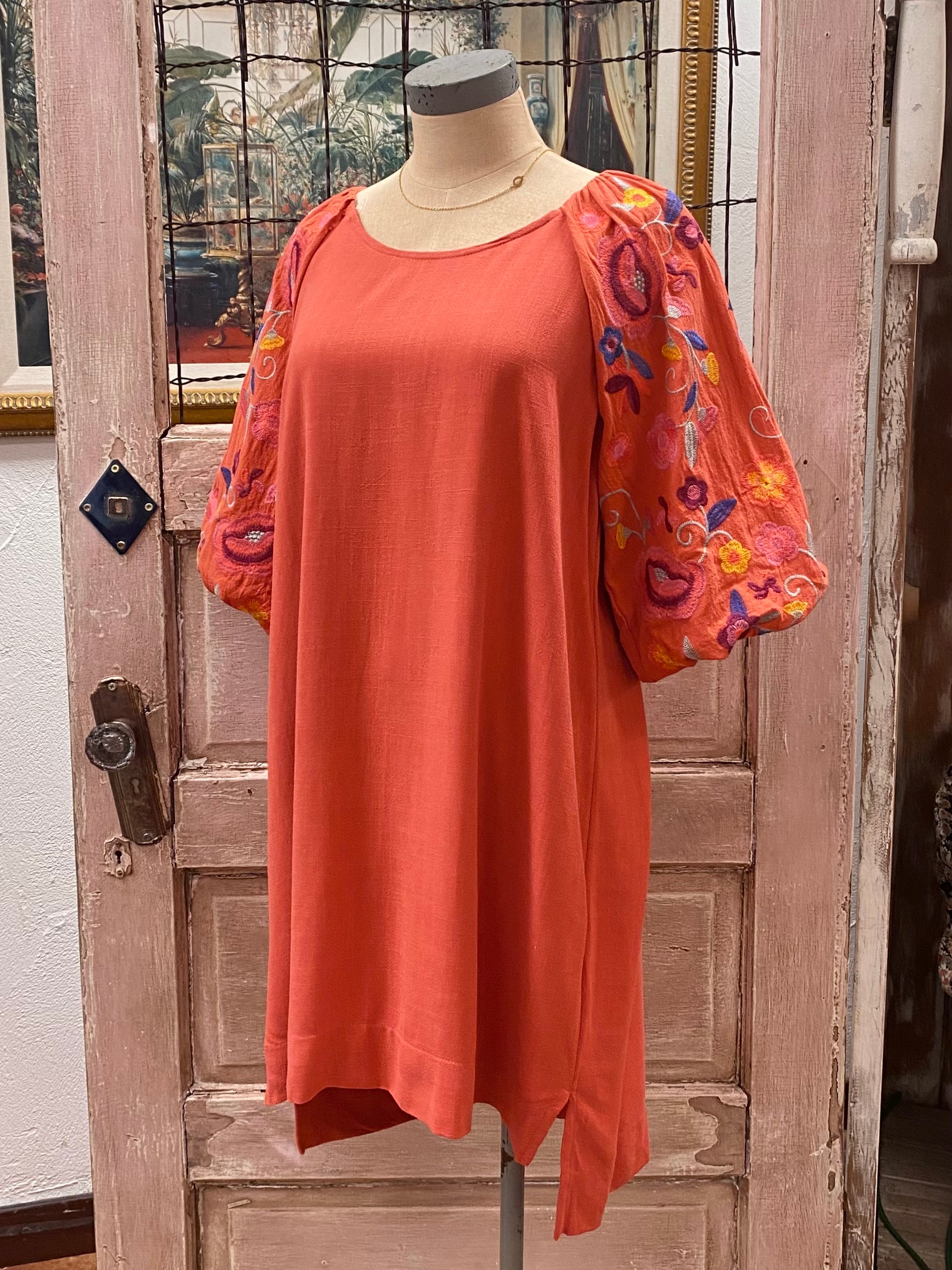 Embroidered 3/4 Puff Sleeve Dress