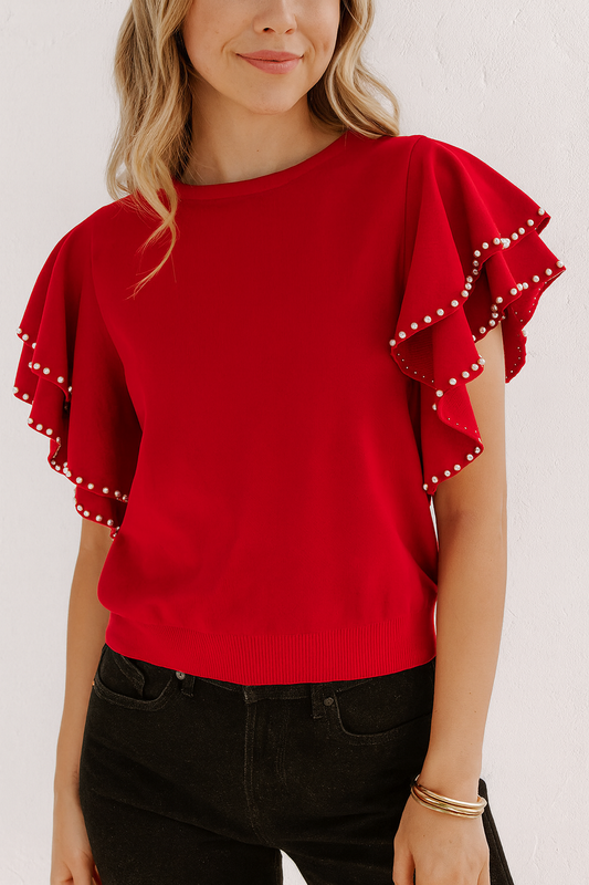 Red Pearl Ruffled Sweater