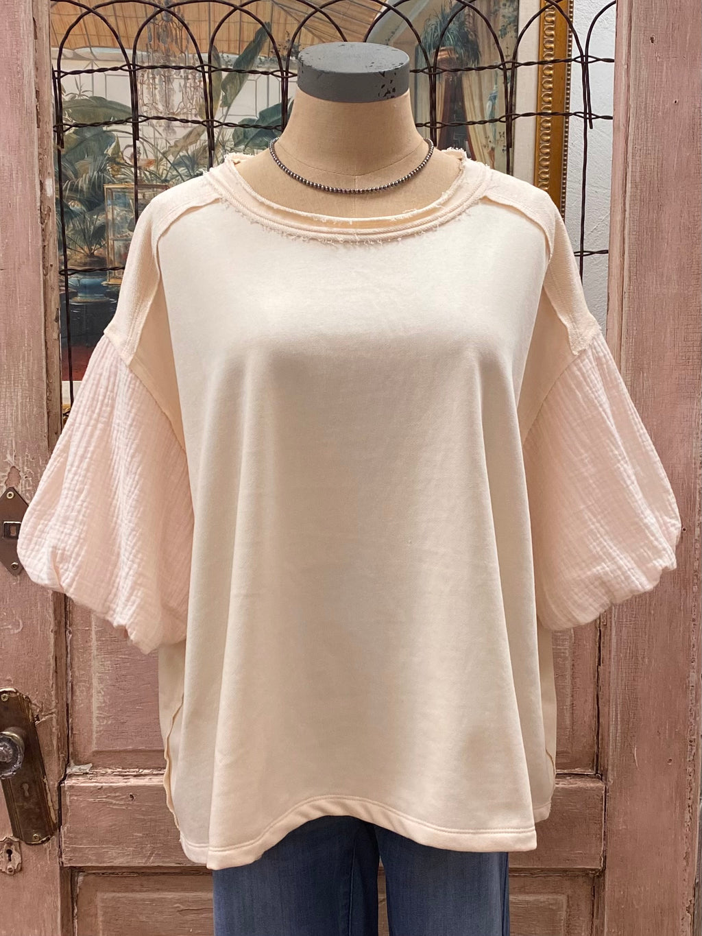 French Terry with Cotton Gauze Puff Sleeves Top