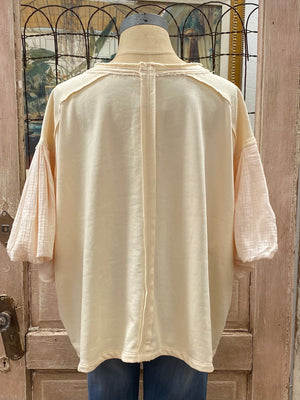 French Terry with Cotton Gauze Puff Sleeves Top