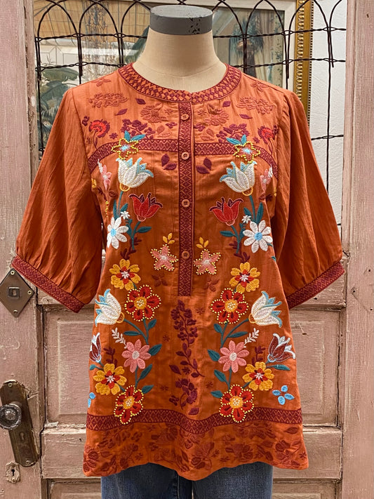 Rust Embroidered Top