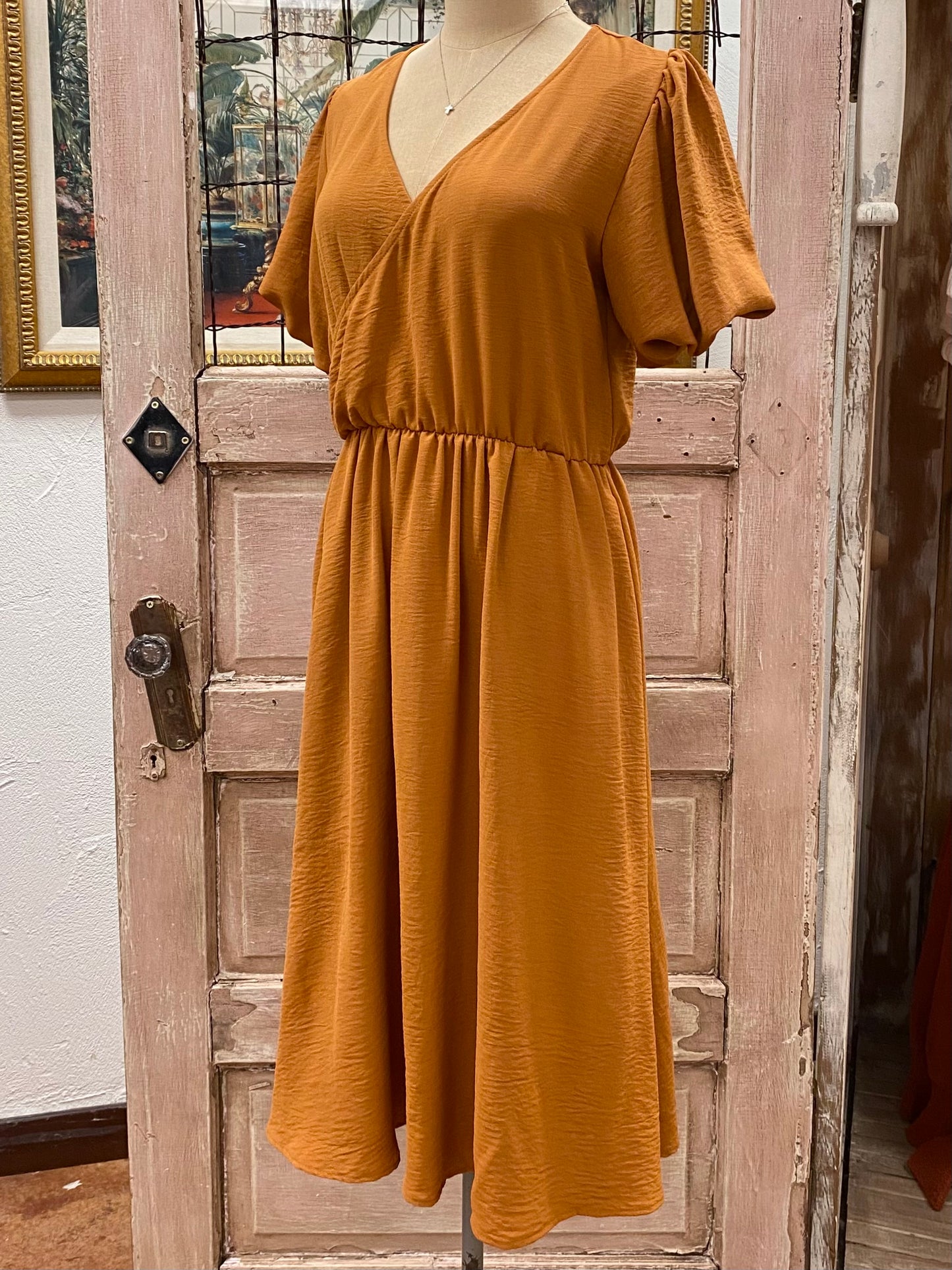 Solid V Neck Dress with Puff Sleeves