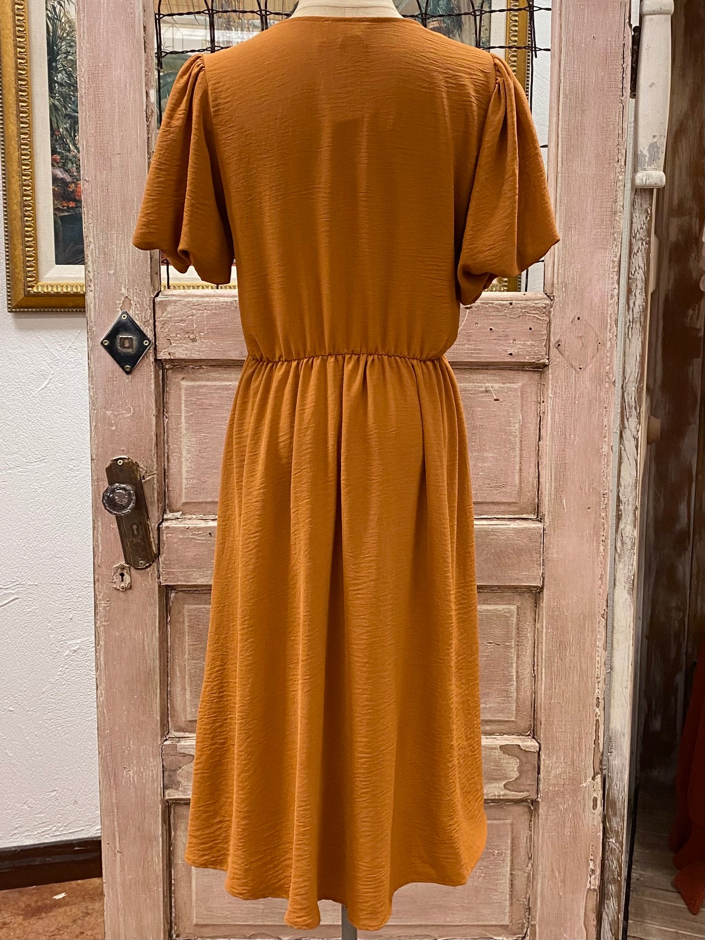 Solid V Neck Dress with Puff Sleeves