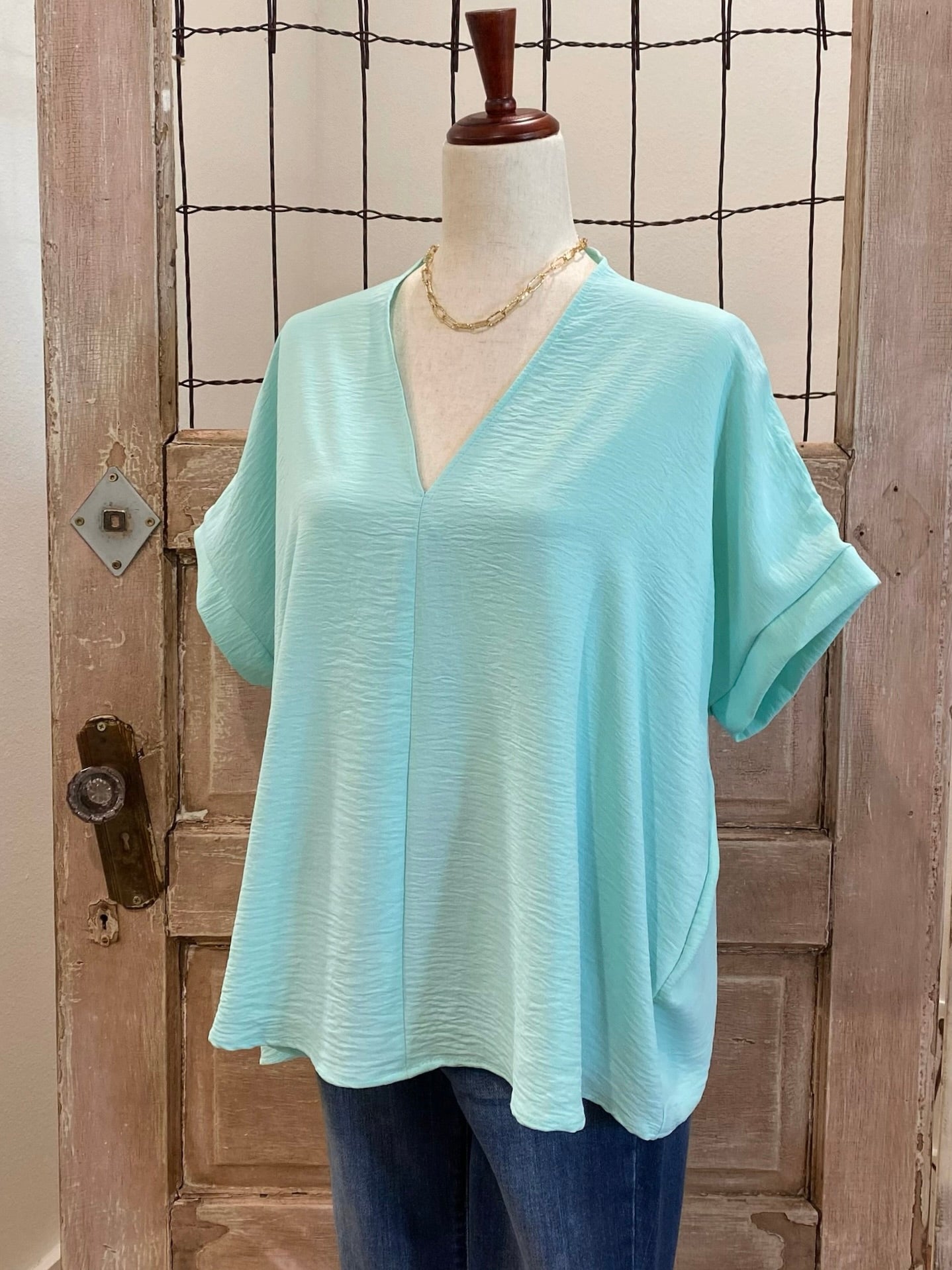 Oversized V-Neck with Folded Sleeves Top