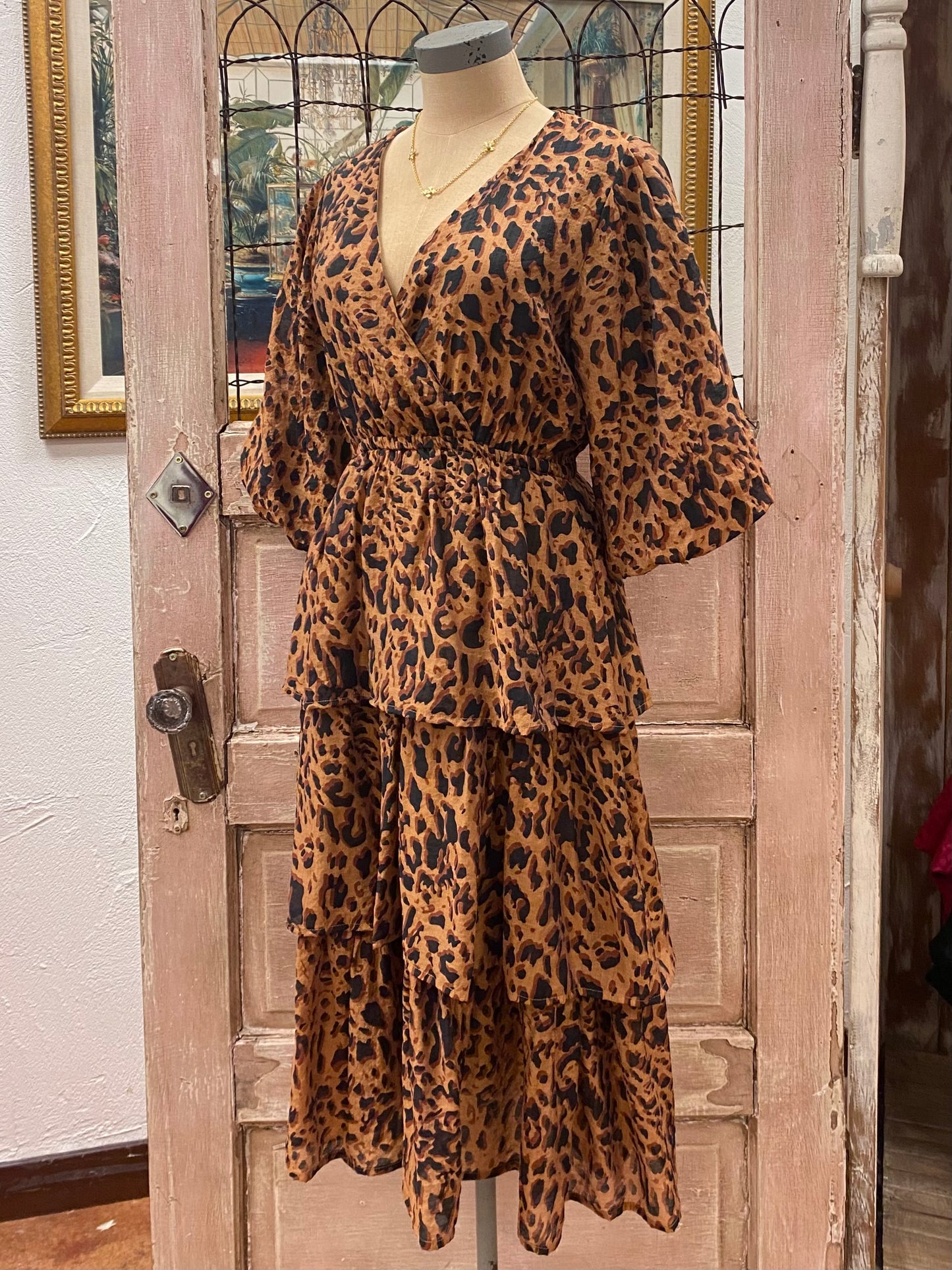 Leopard Print V-neckline Tiered Ruffle Dress