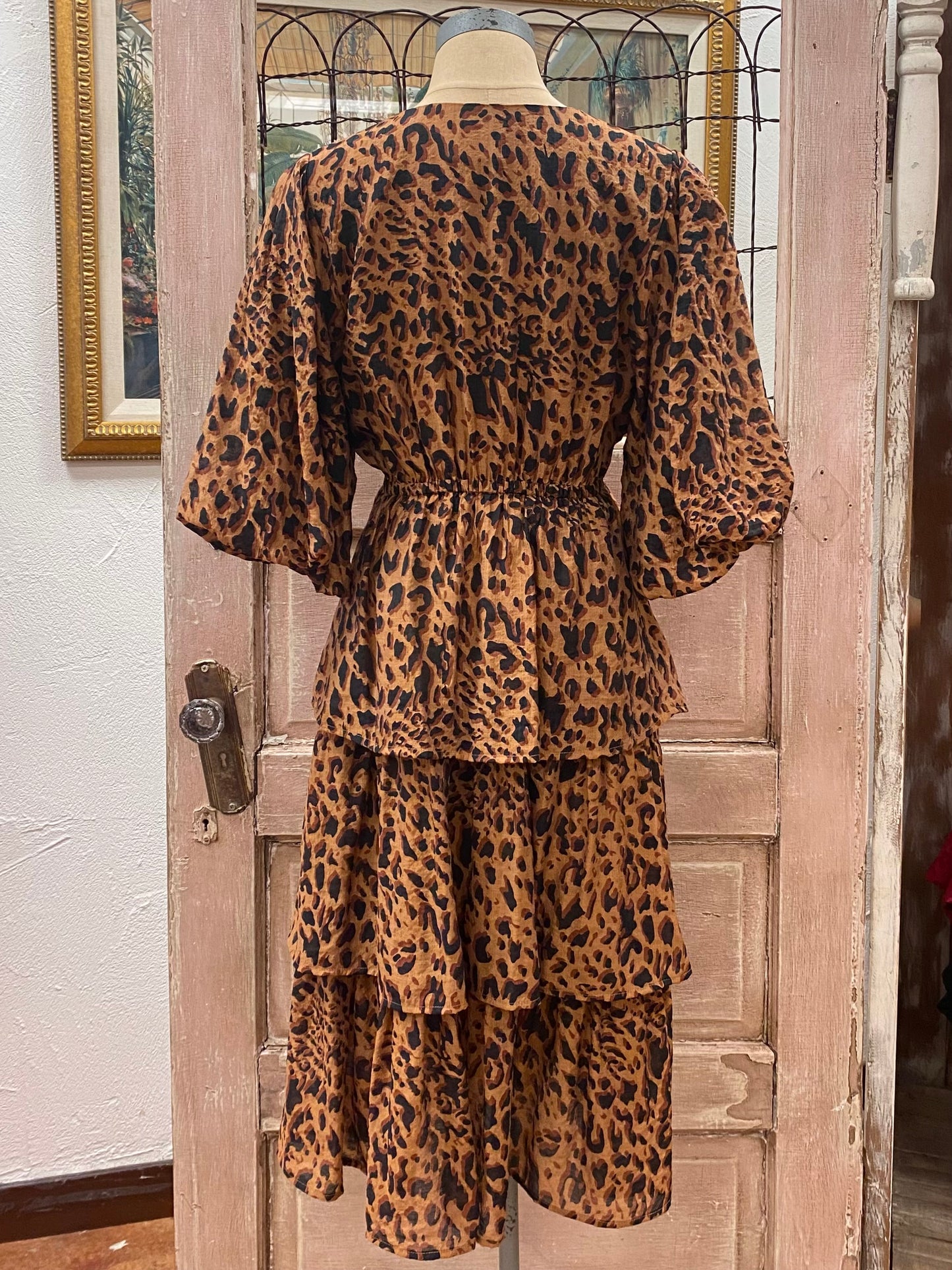 Leopard Print V-neckline Tiered Ruffle Dress