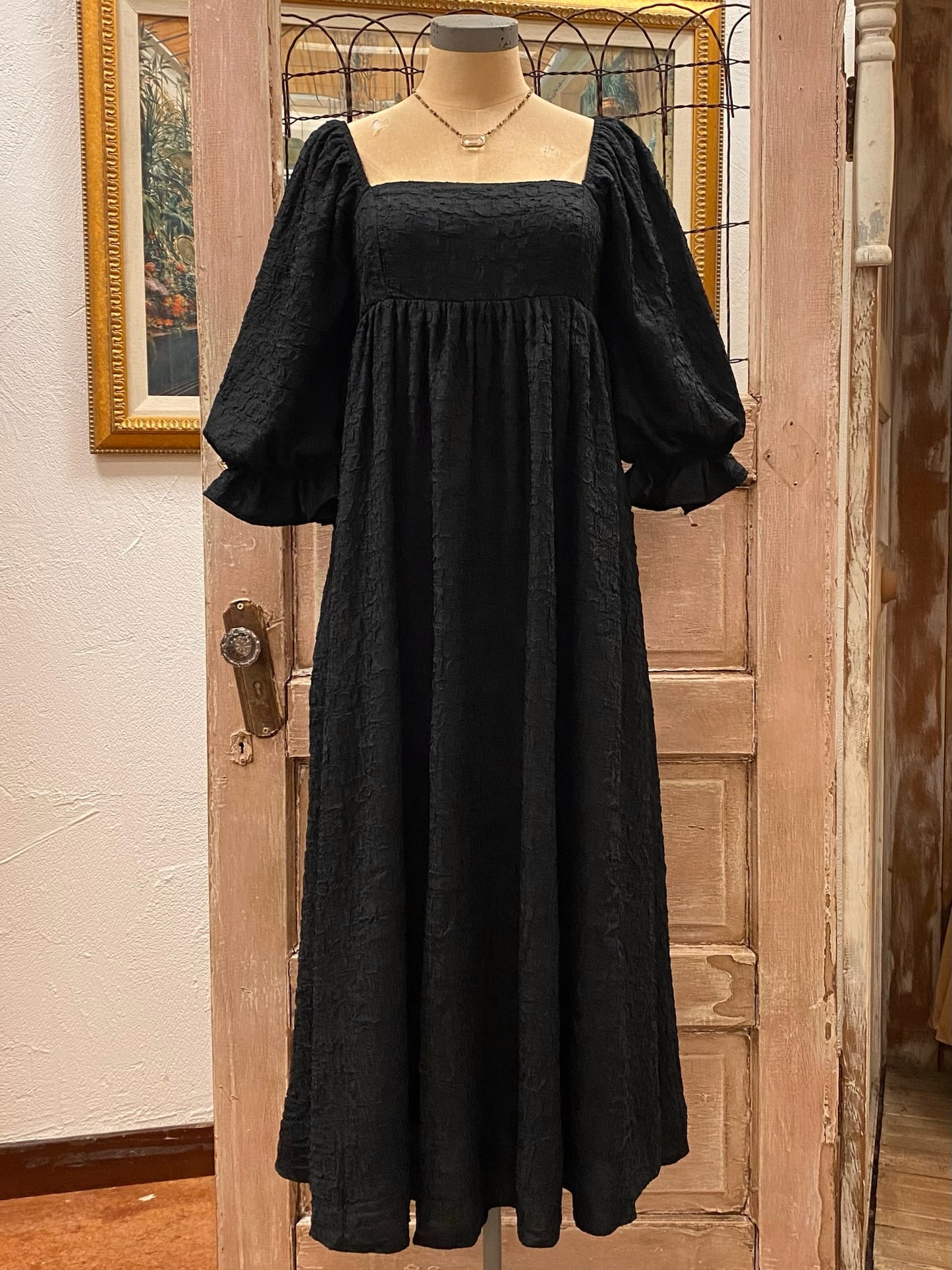 Textured Peasant Sleeve Babydoll Dress