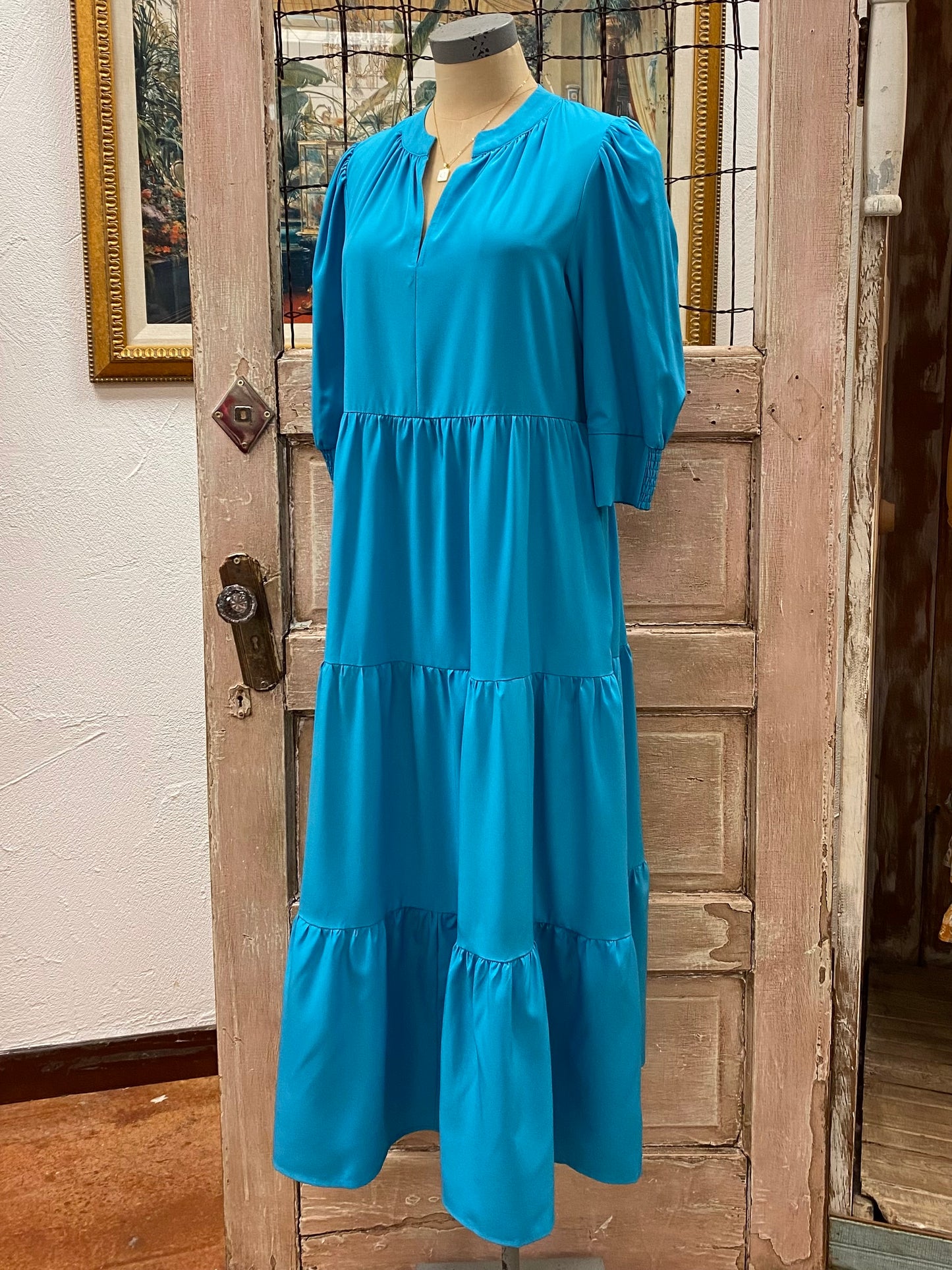 V-Neck 3/4 Sleeve Tiered Midi Dress