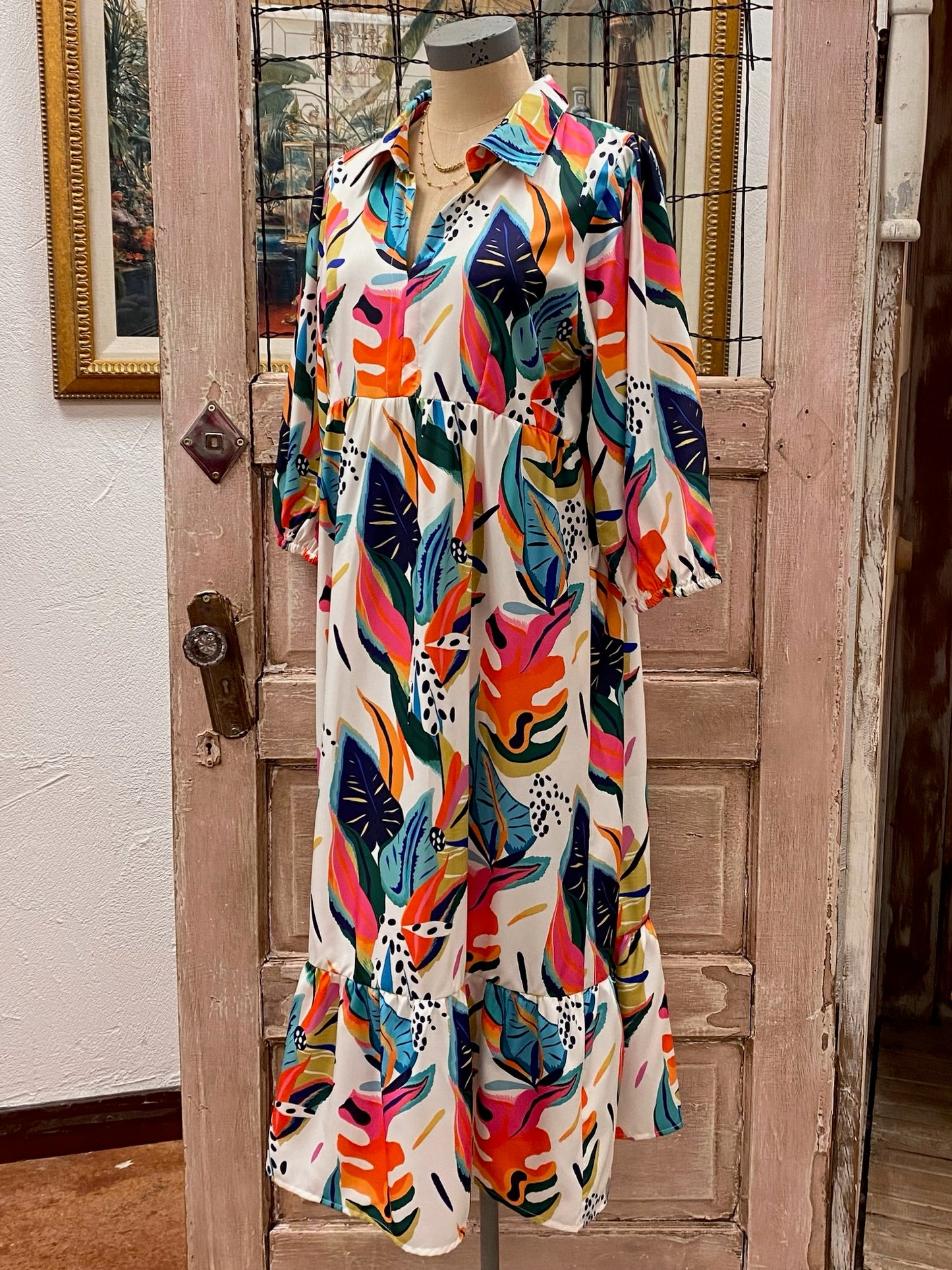 Tropical Print A-Line Midi Dress