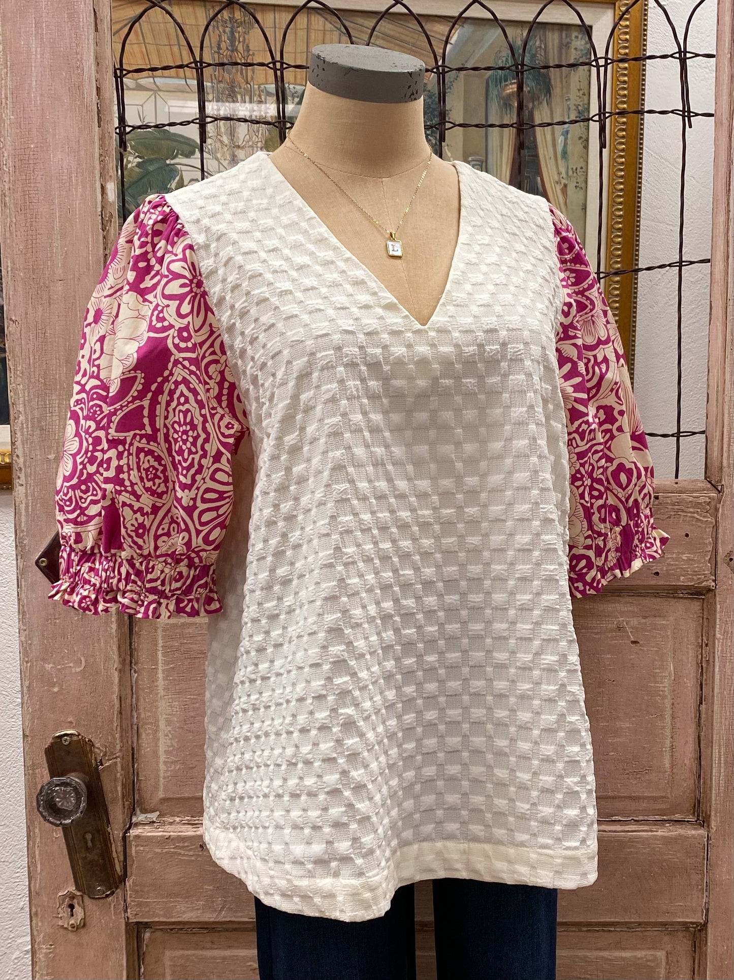 Jacquard Top with Puff Sleeves