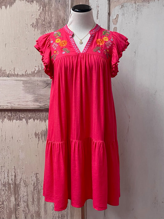 Linen Blend Embroidered Dress