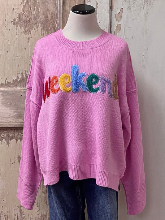 Rib Knit "Weekend" Embroidered Sweater