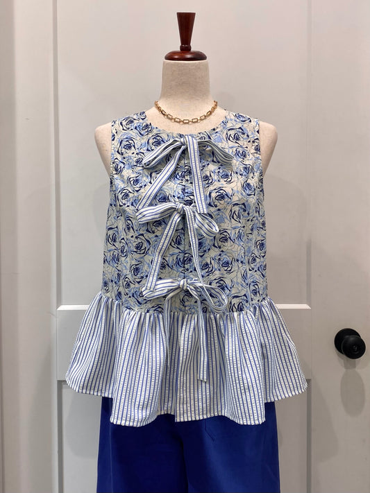 Mixed Print Bow Tie Top