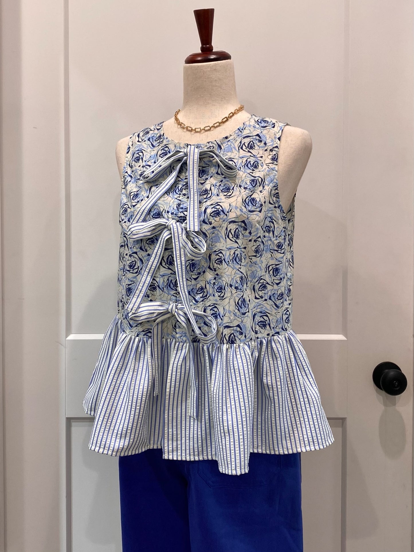 Mixed Print Bow Tie Top