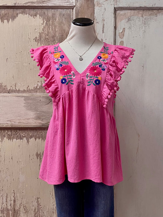 Floral Embroidered Top with Pom Pom Detail