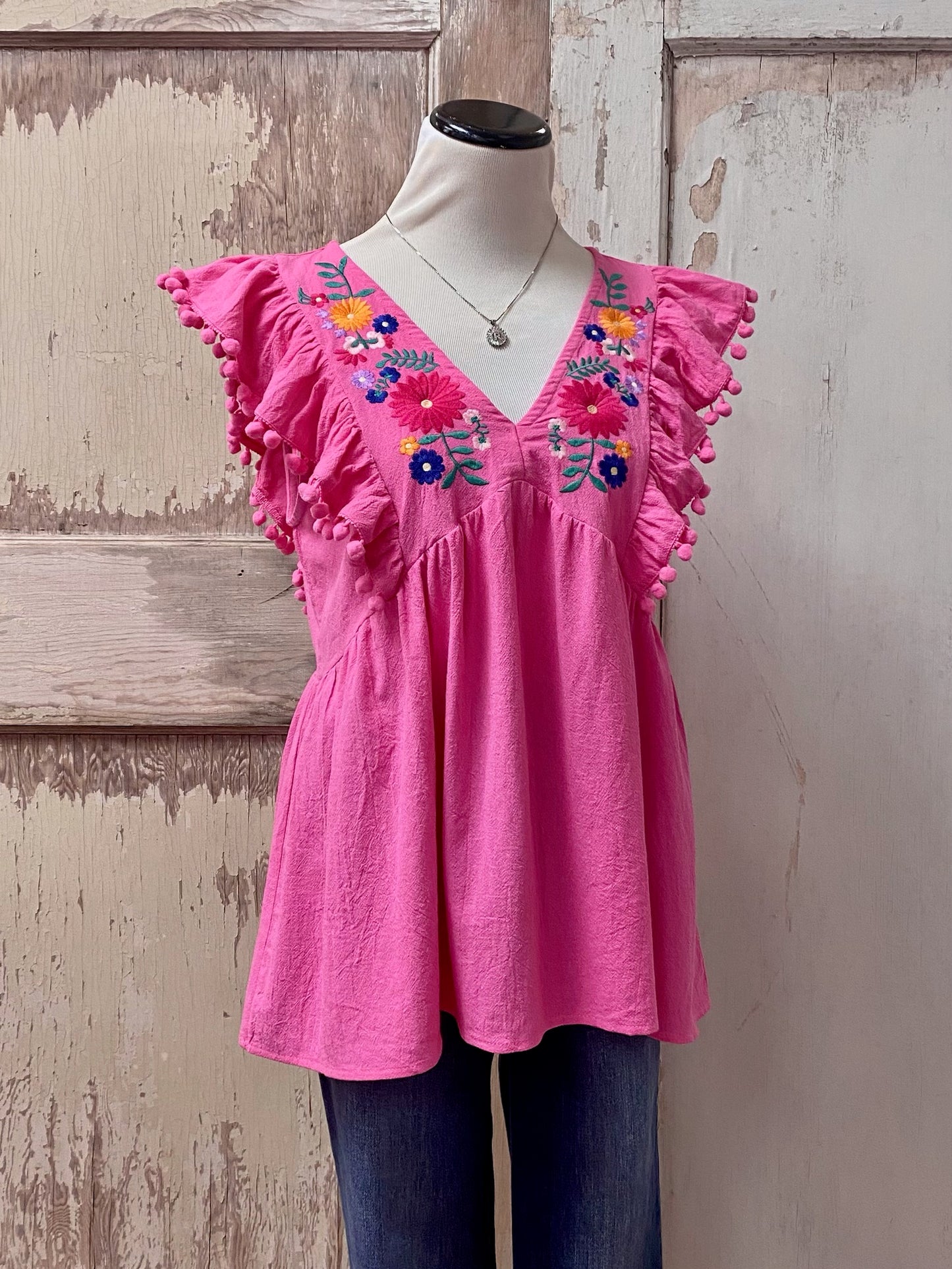 Floral Embroidered Top with Pom Pom Detail