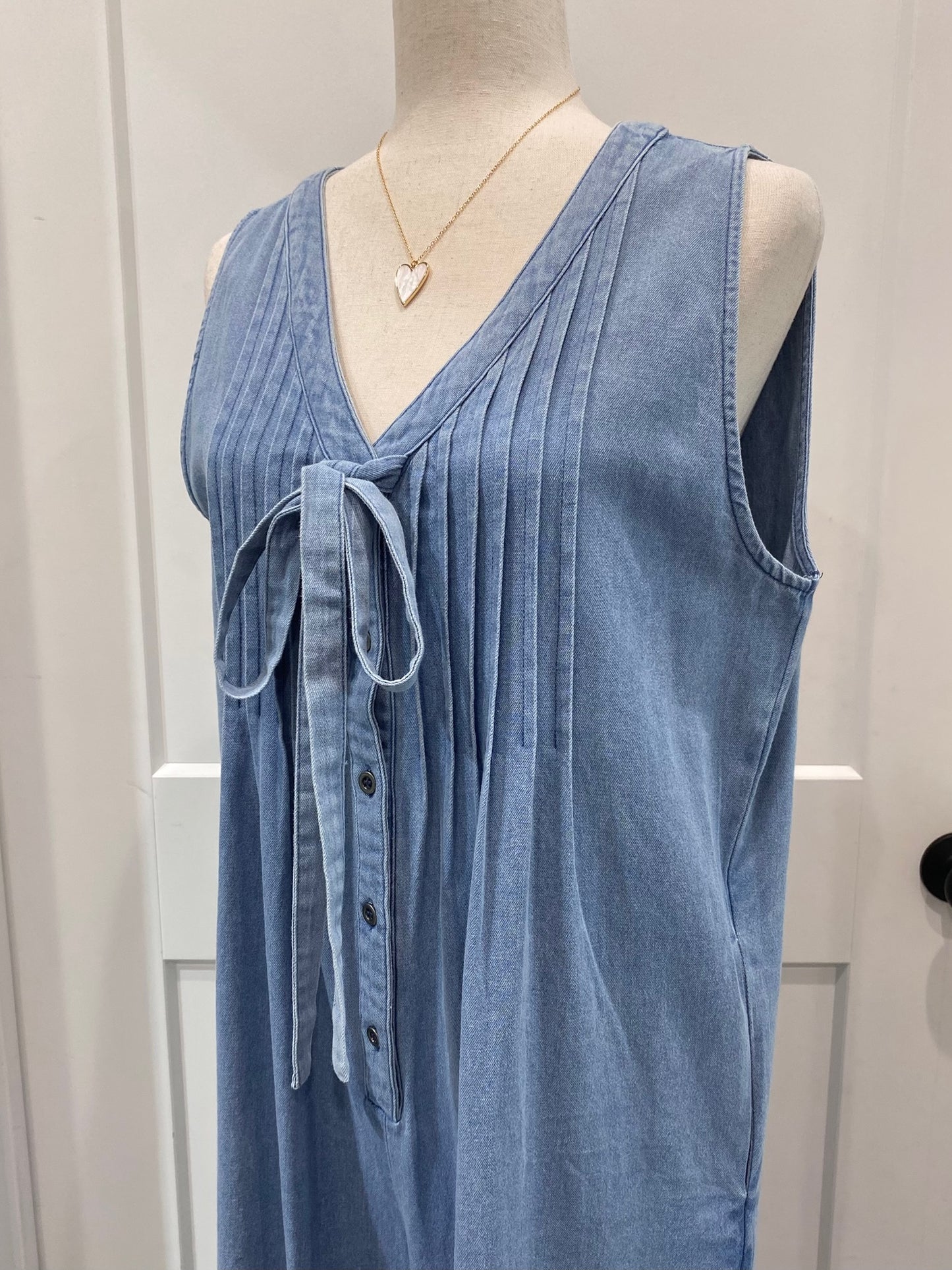 Pintuck Wide Leg Denim Jumpsuit