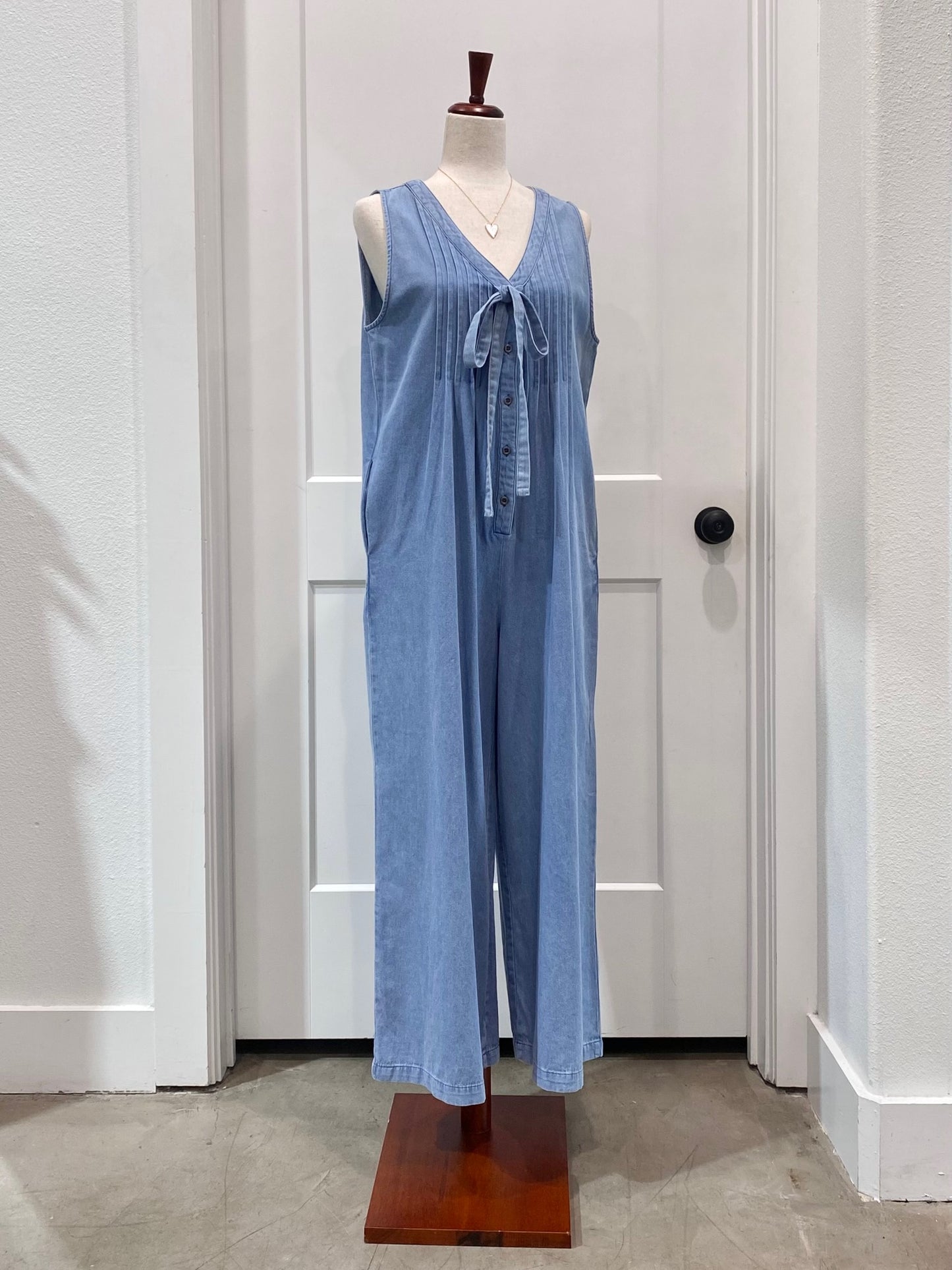 Pintuck Wide Leg Denim Jumpsuit