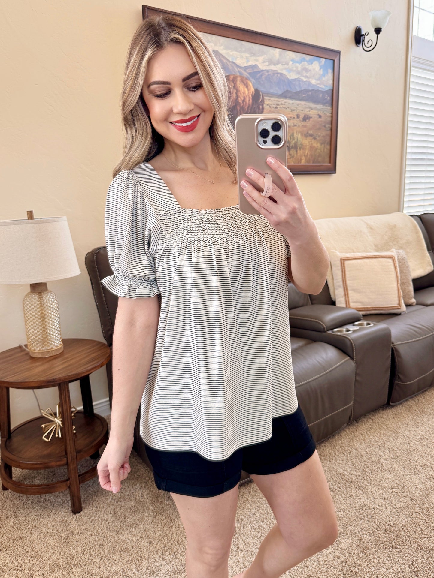 Ivory and Black Striped Top with Ruffle Sleeve