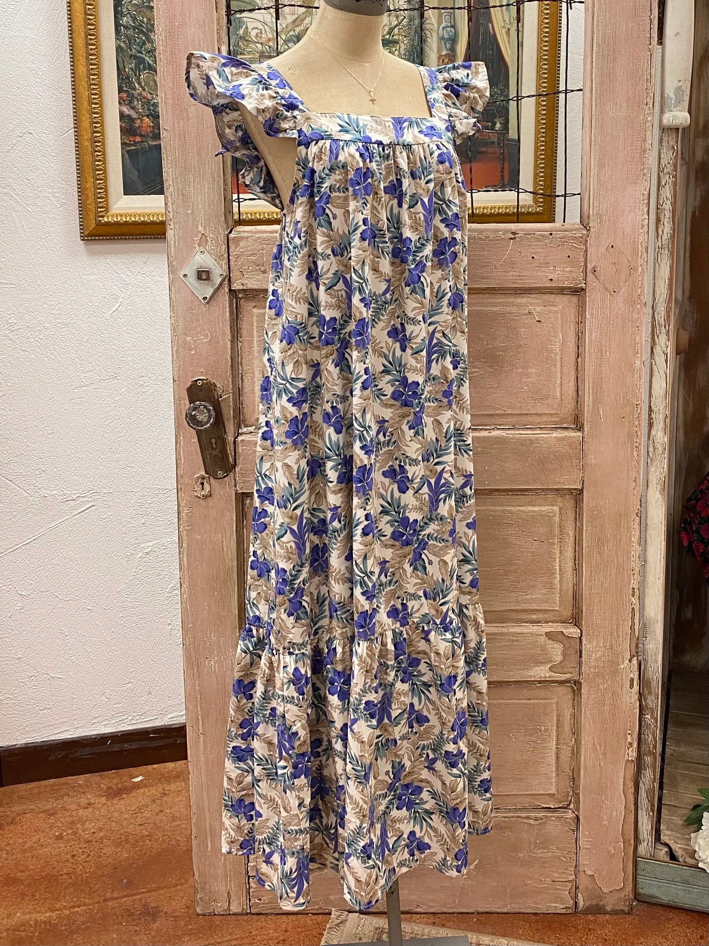 Tropical Printed Cotton Ruffle Maxi Dress