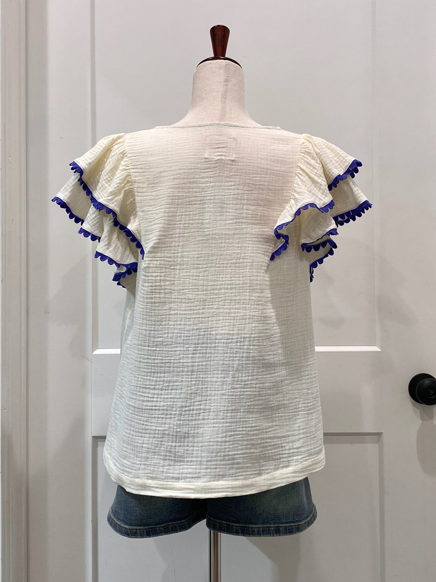 Pom Pom Trim Ruffle Sleeve Top