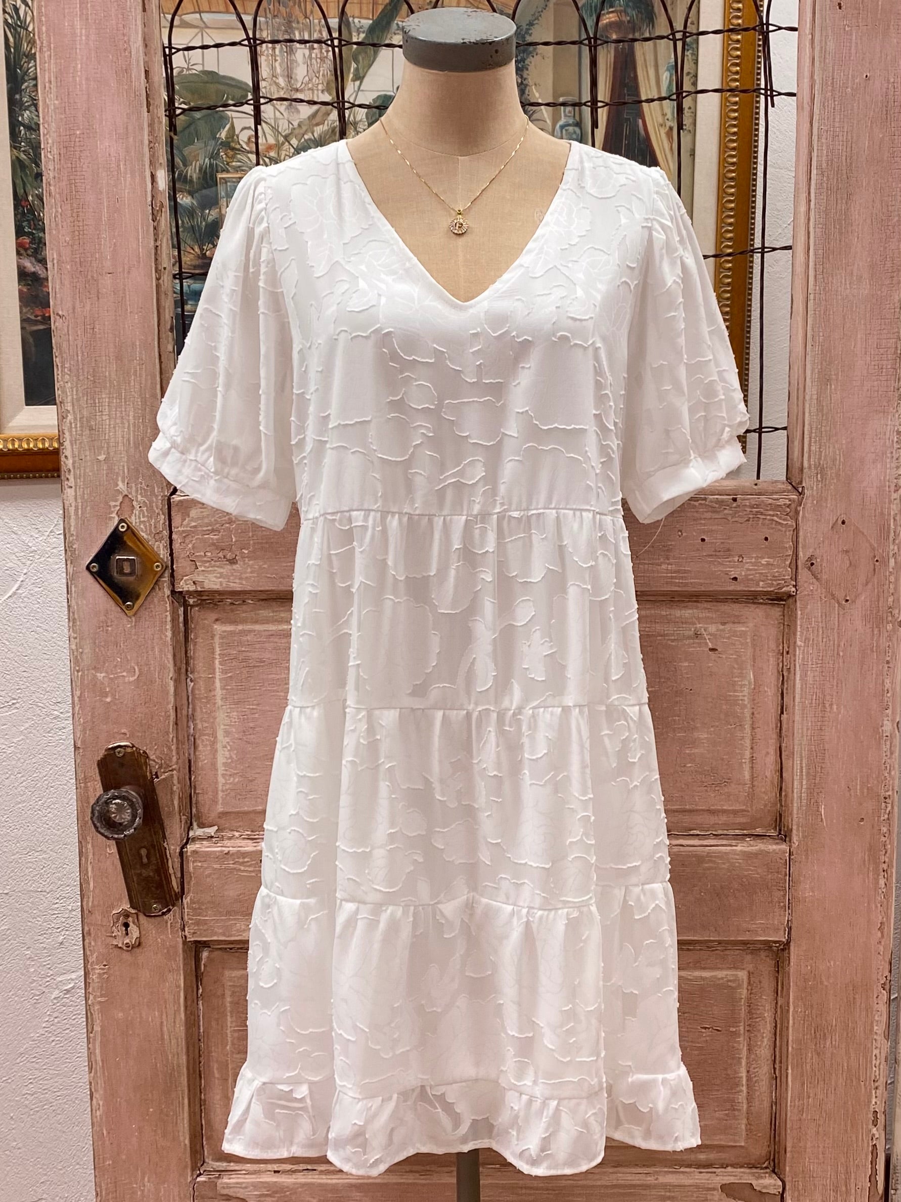 Lace Short Bubbled Sleeves Tiered Dress