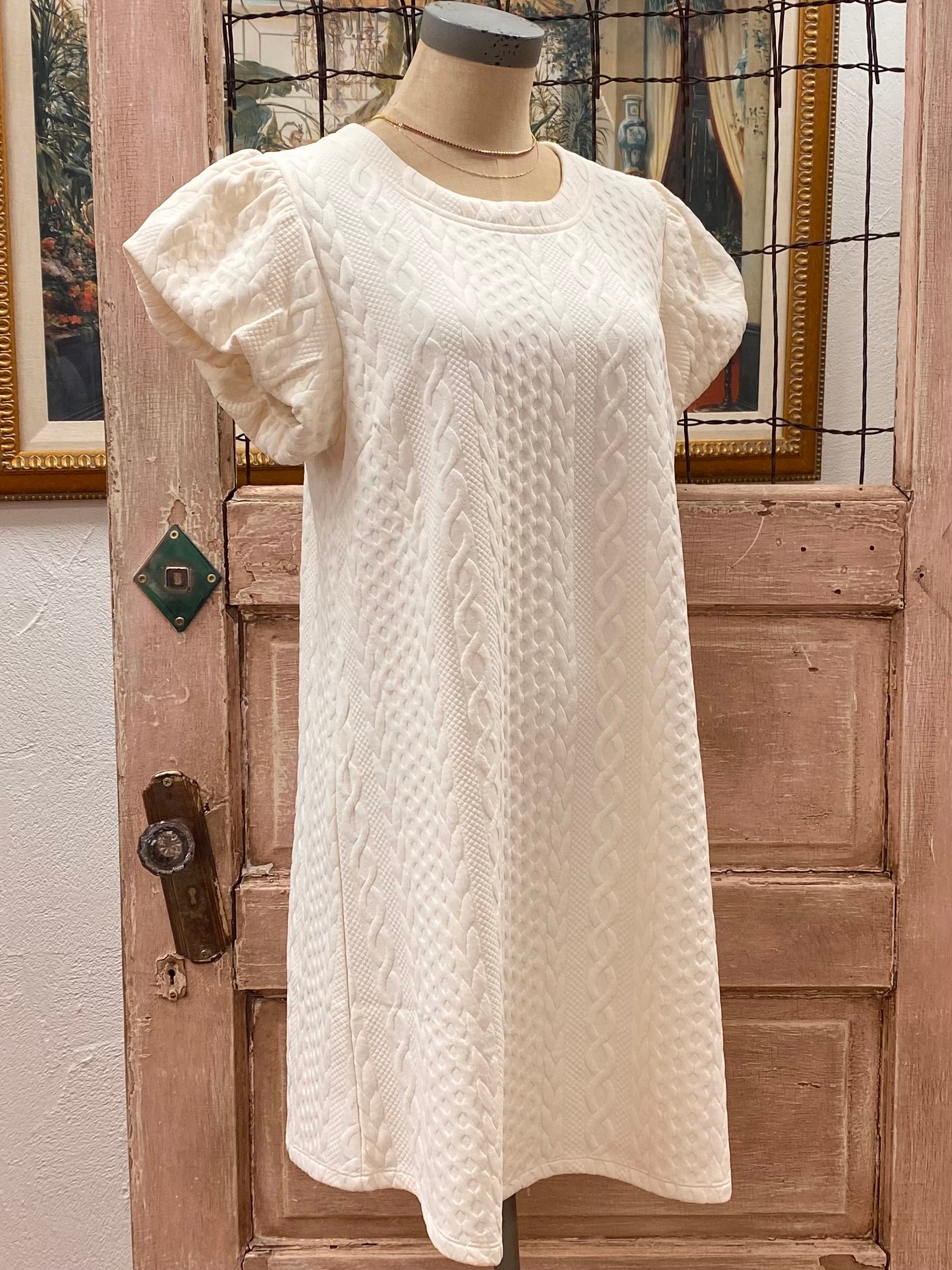 Bubble Cap Sleeve Textured Knit Shift Dress
