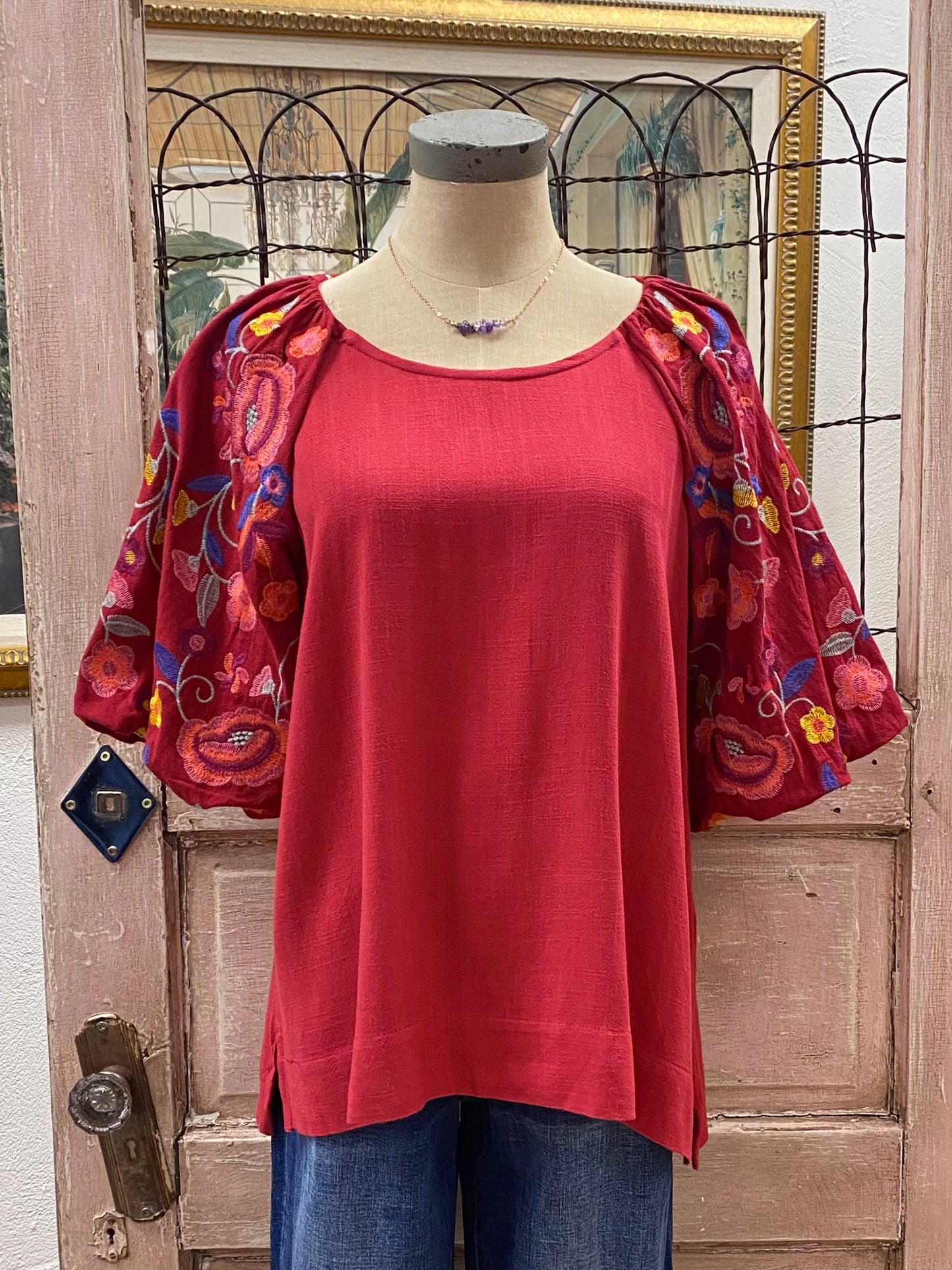 Linen Blend Top with Embroidery Balloon Sleeve | S-2XL