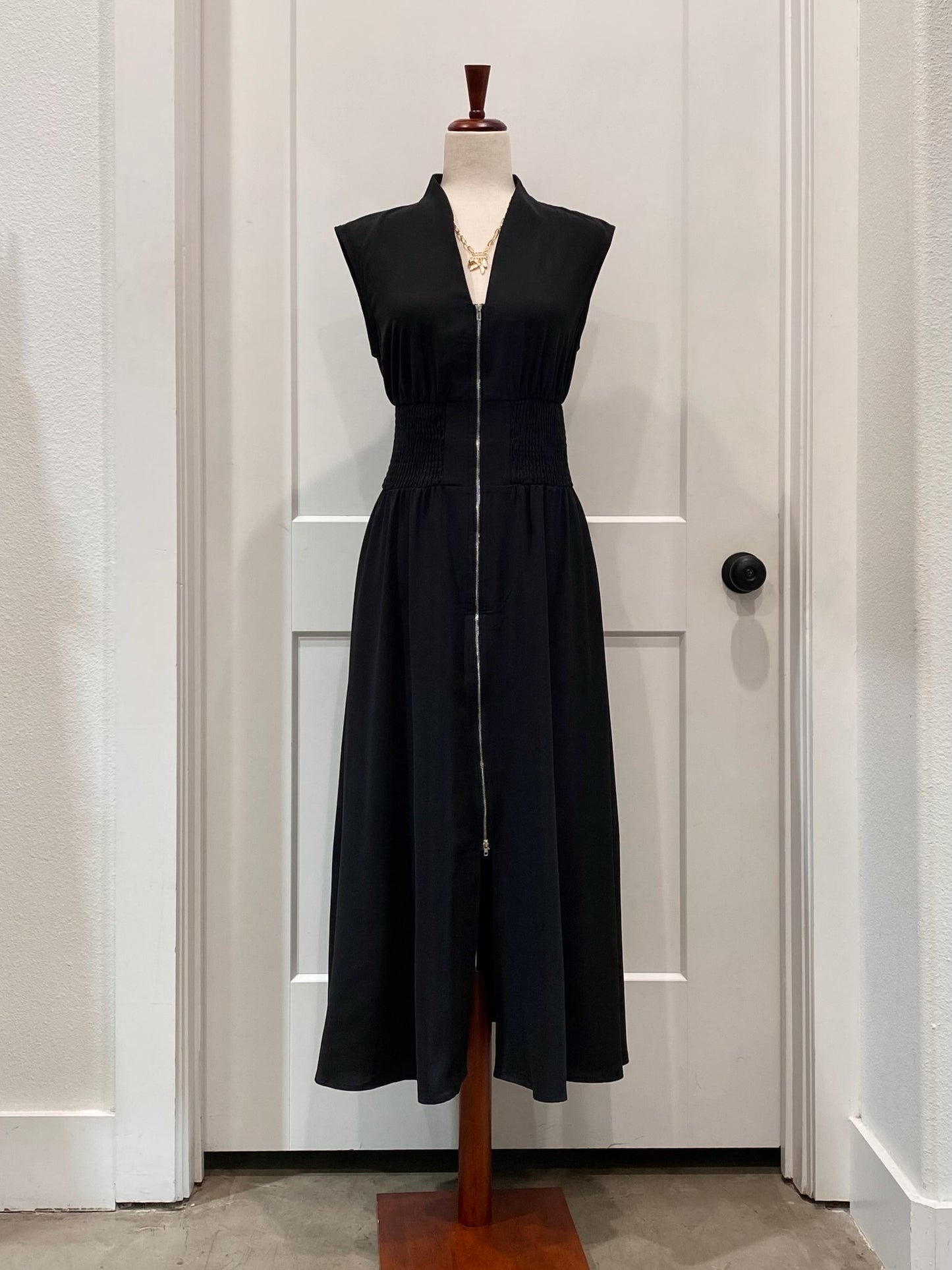 Sleeveless Zipper Front Shirred Waist Dress