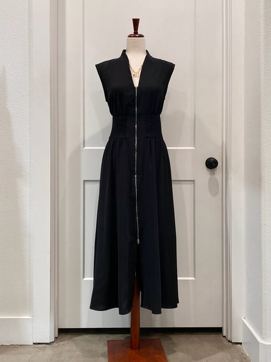 Sleeveless Zipper Front Shirred Waist Dress