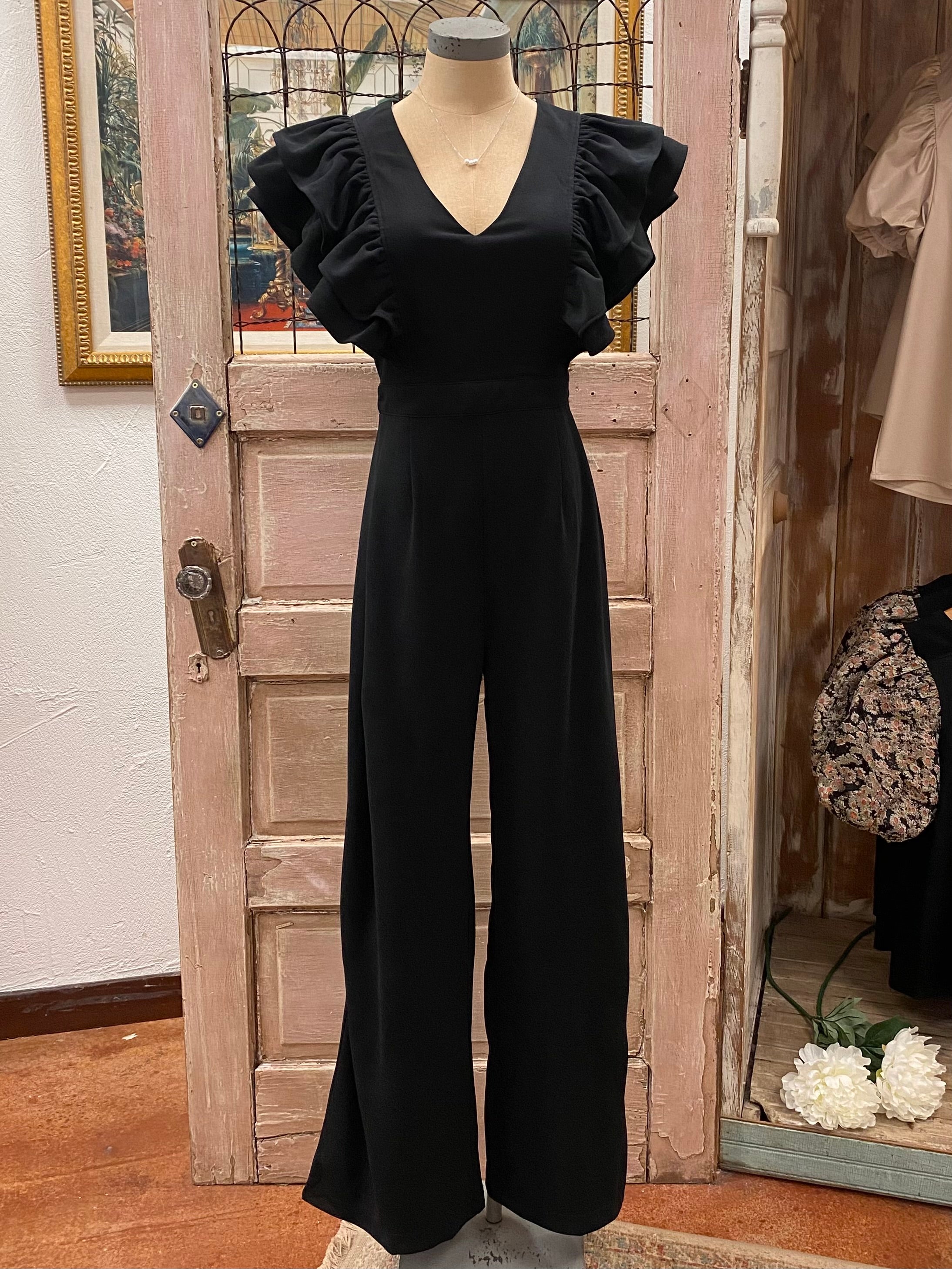 Solid V-Neck Ruffle Sleeve Jumpsuit