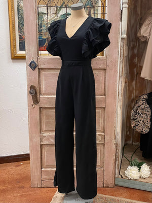 Solid V-Neck Ruffle Sleeve Jumpsuit